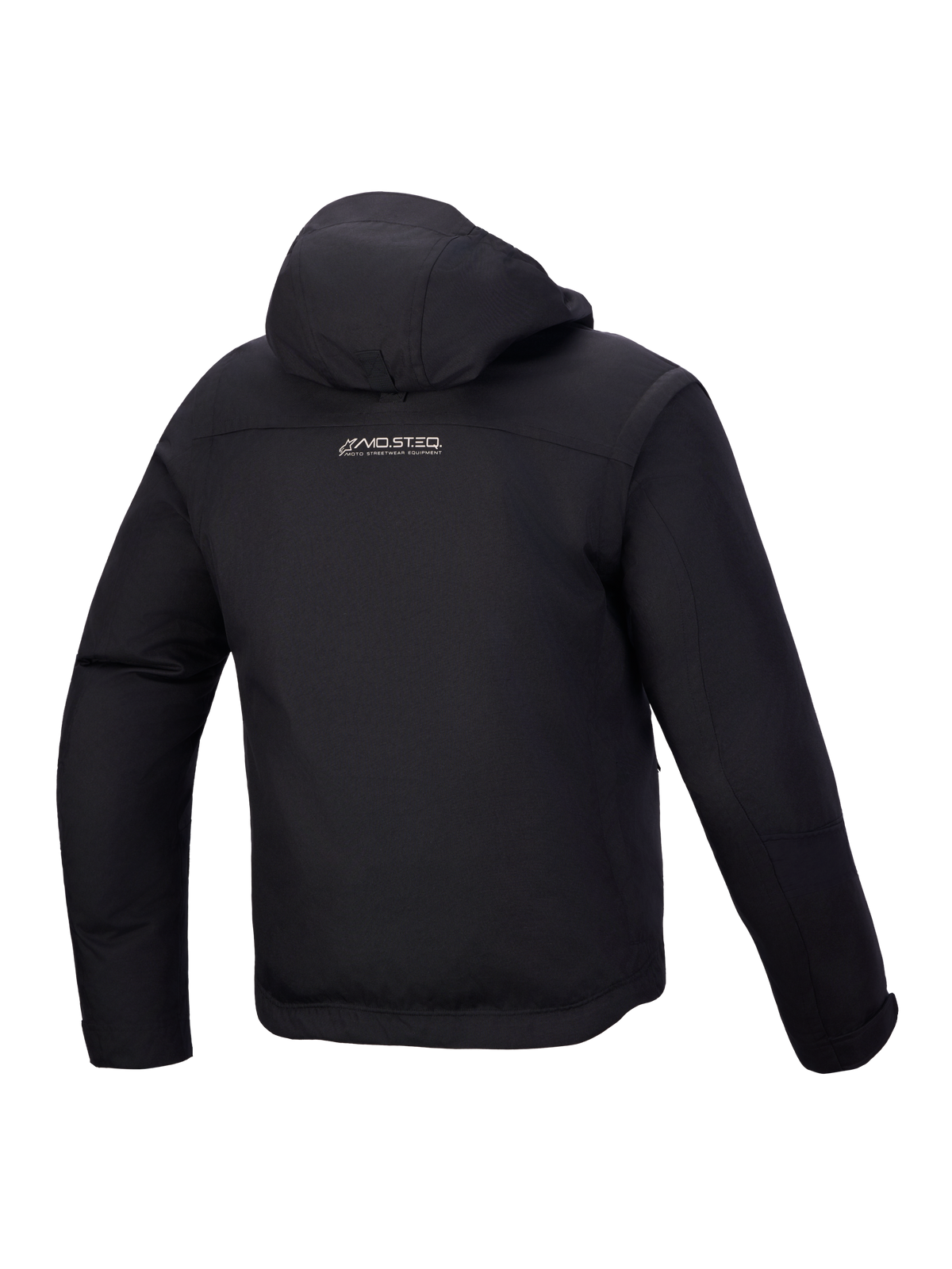 Alpinestars Morfex Parka Waterproof Jacket, chaqueta de moto urbana para hombre, vista trasera en color negro con capucha integrada y compartimento de almacenamiento en la espalda