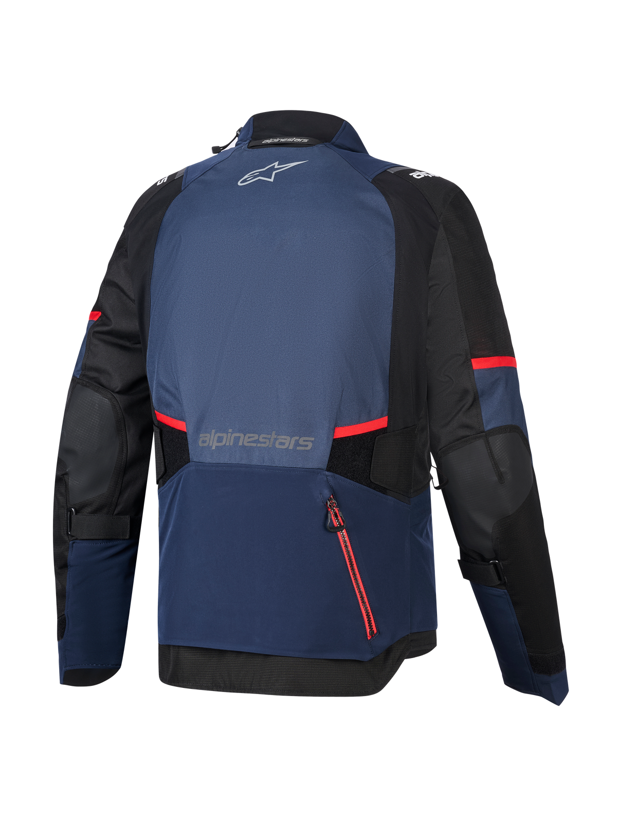 Alpinestars Andes V4 Drystar® Jacket, vista trasera, azul marino Night Navy, Mood Indigo y negro, con detalles y rayas rojas en las cremalleras, gran compartimento trasero impermeable, logotipo de Alpinestars en la parte superior e inferior de la espalda, chaqueta técnica textil de turismo de aventura.