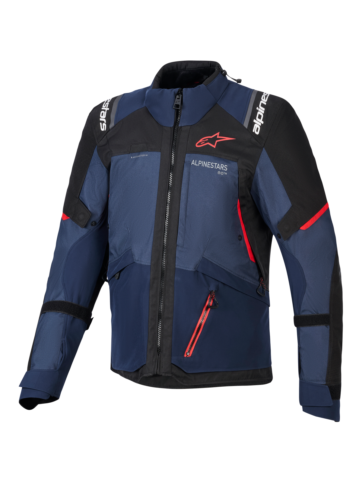 Chaqueta Alpinestars Andes V4 Drystar®, chaqueta de moto, azul marino Night Navy, Mood Indigo y negro, vista frontal con detalles en rojo y marca Alpinestars en blanco en pecho y hombros, equipamiento textil resistente para conducción de aventura.