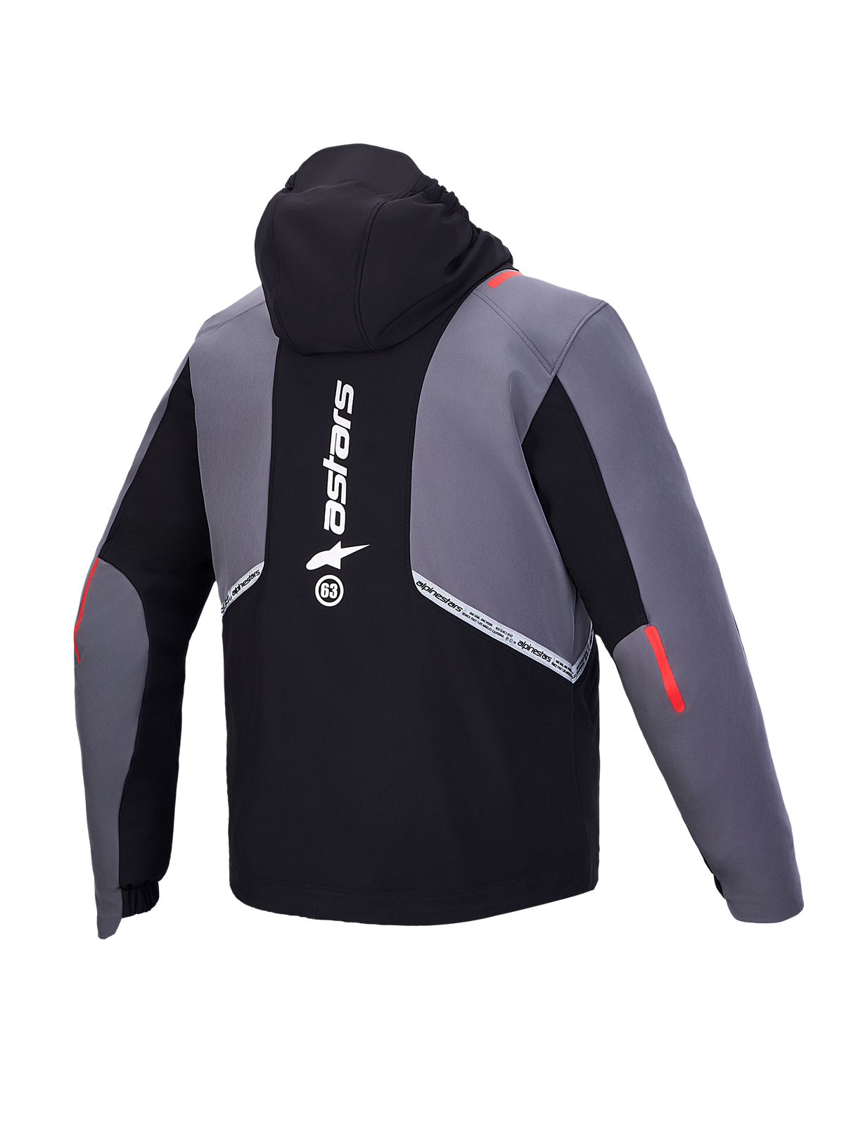 Alpinestars C-5 Drystar Jacket, chaqueta de moto urbana impermeable, vista trasera con capucha integrada y detalles reflectantes, negro y gris oscuro con detalles en rojo