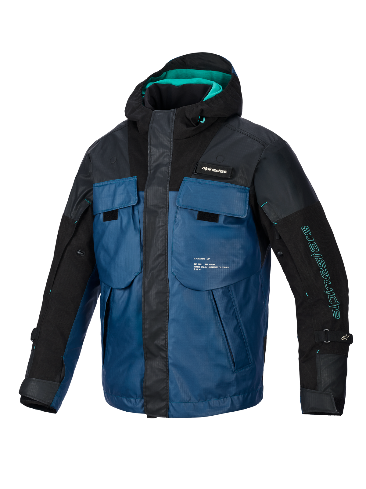 Chaqueta impermeable Alpinestars Mospher, parka de moto para todas las estaciones, color negro y Dark Petrol con detalles en verde azulado, diseño inspirado en chalecos tácticos con múltiples bolsillos grandes, tejido ripstop duradero y capucha integrada para desplazamientos urbanos