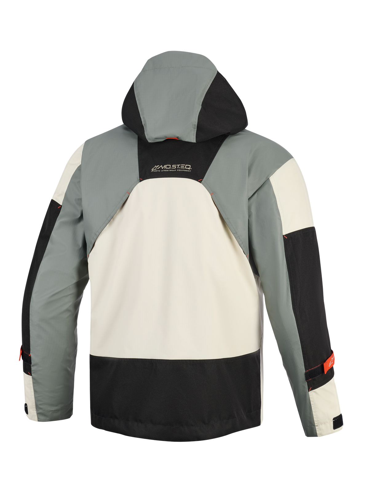 Chaqueta impermeable Alpinestars Mospher en color Fur Gray Black Ice, vista posterior, con un diseño de paneles múltiples de inspiración militar en gris, negro y blanco hielo, capucha integrada y logotipo MO.ST.EQ en la parte superior de la espalda.