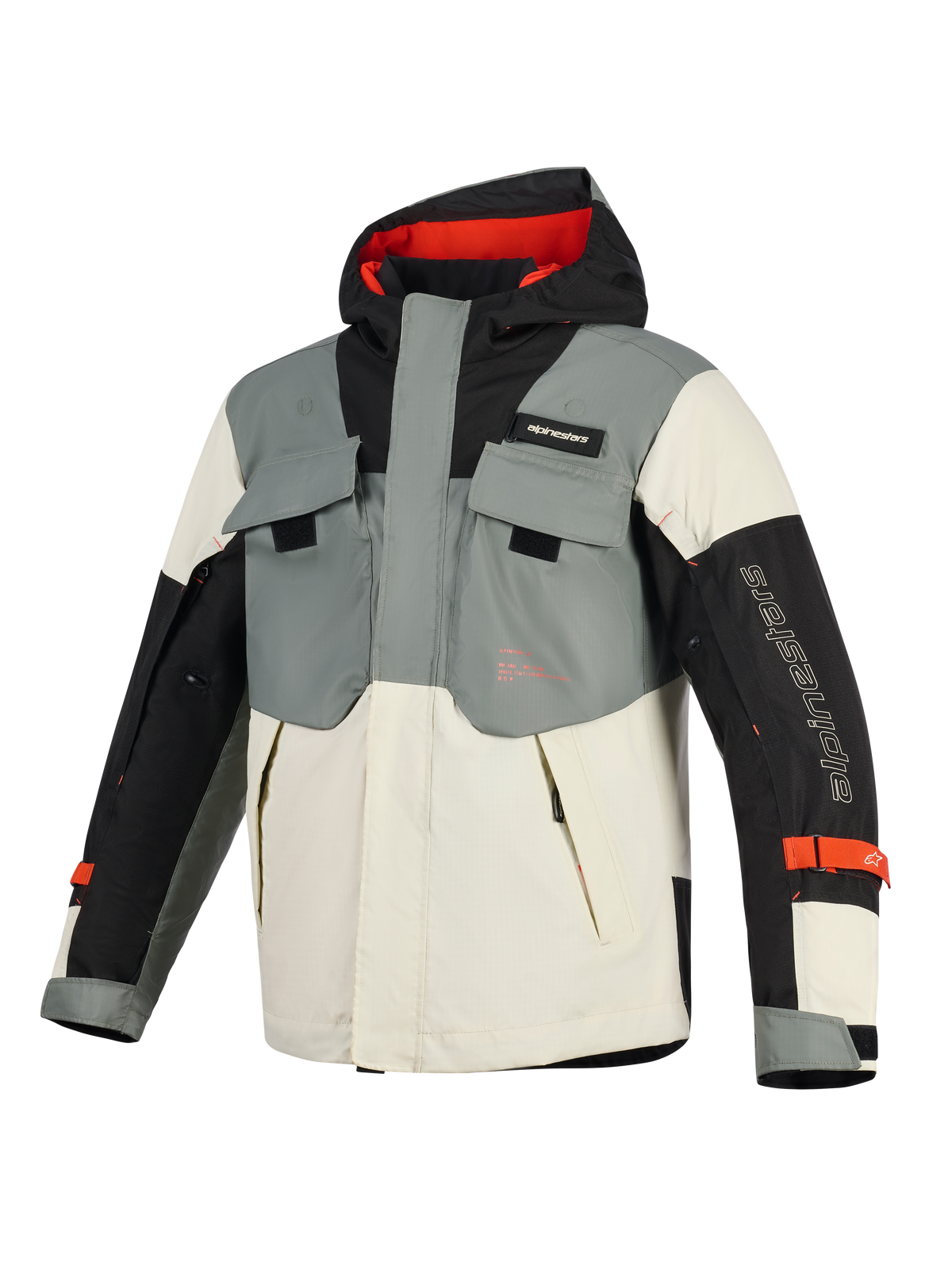 Chaqueta impermeable Alpinestars Mospher, parka de moto, Fur Gray Black Ice, con diseño táctico multibolsillos, capucha con interior rojo y logotipo de Alpinestars en la manga