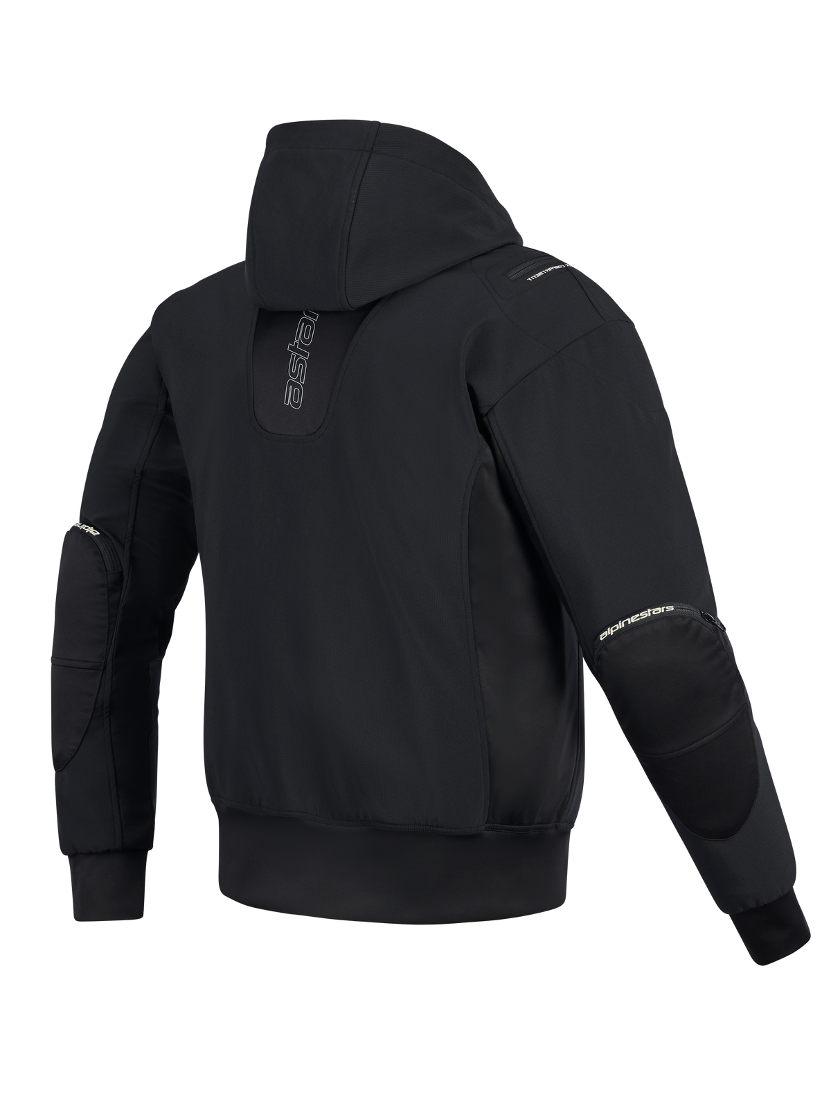 Chaqueta impermeable Alpinestars Moblast, vista trasera, negro, sudadera urbana para moto con marca vertical en la espalda, construcción técnica de softshell y ripstop con capucha fija y cremalleras externas para los protectores de codos