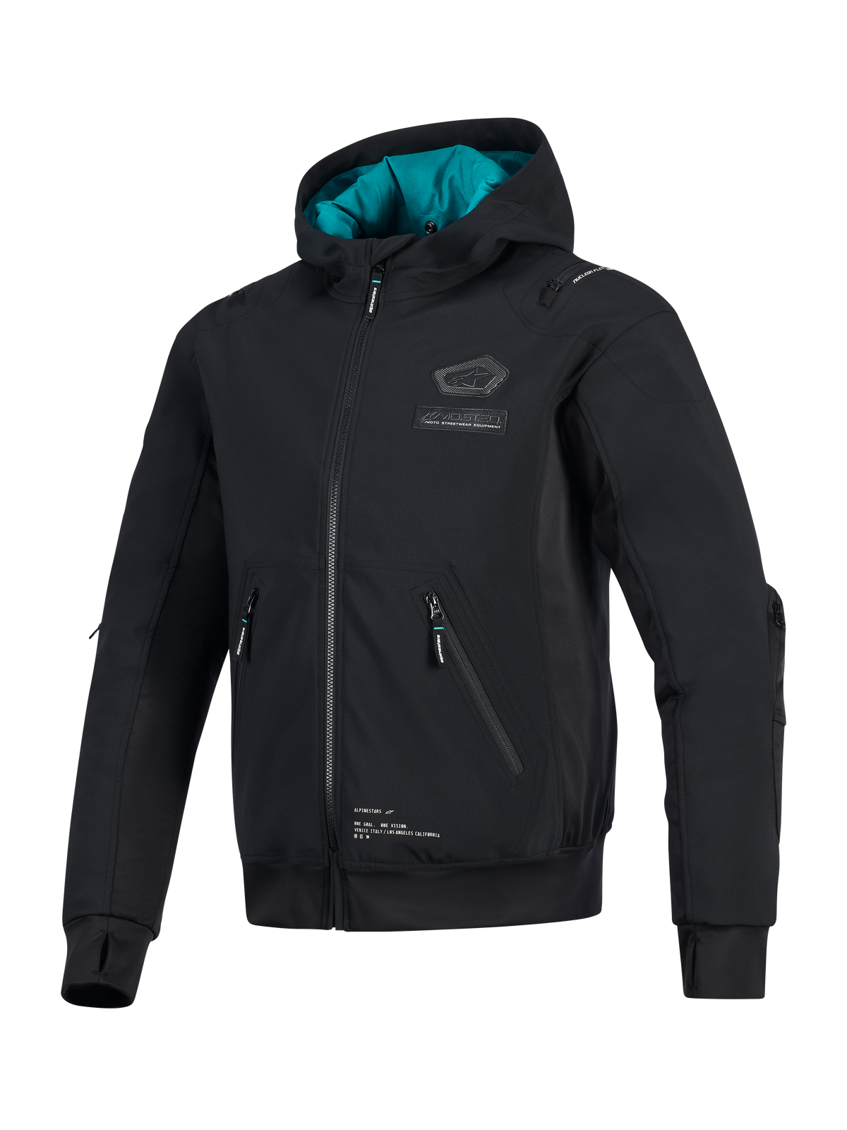 Chaqueta impermeable Alpinestars Moblast, negra con forro de la capucha en verde azulado, chaqueta técnica de moto softshell con bolsillos 3D con cremallera, orificios integrados para los pulgares y logotipo de Alpinestars en el pecho, ropa de conducción urbana