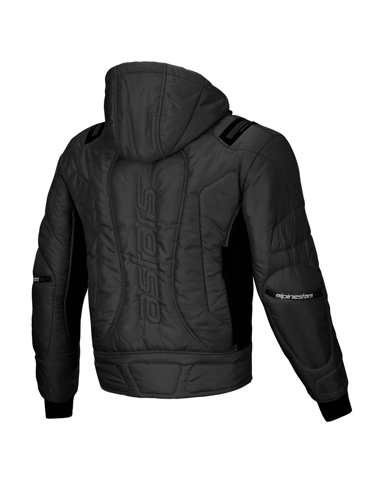 Alpinestars Chaqueta Mohobbs Impermeable, chaqueta bomber de moto urbana, negra, vista trasera con acolchado guateado, capucha integrada y logotipo astars