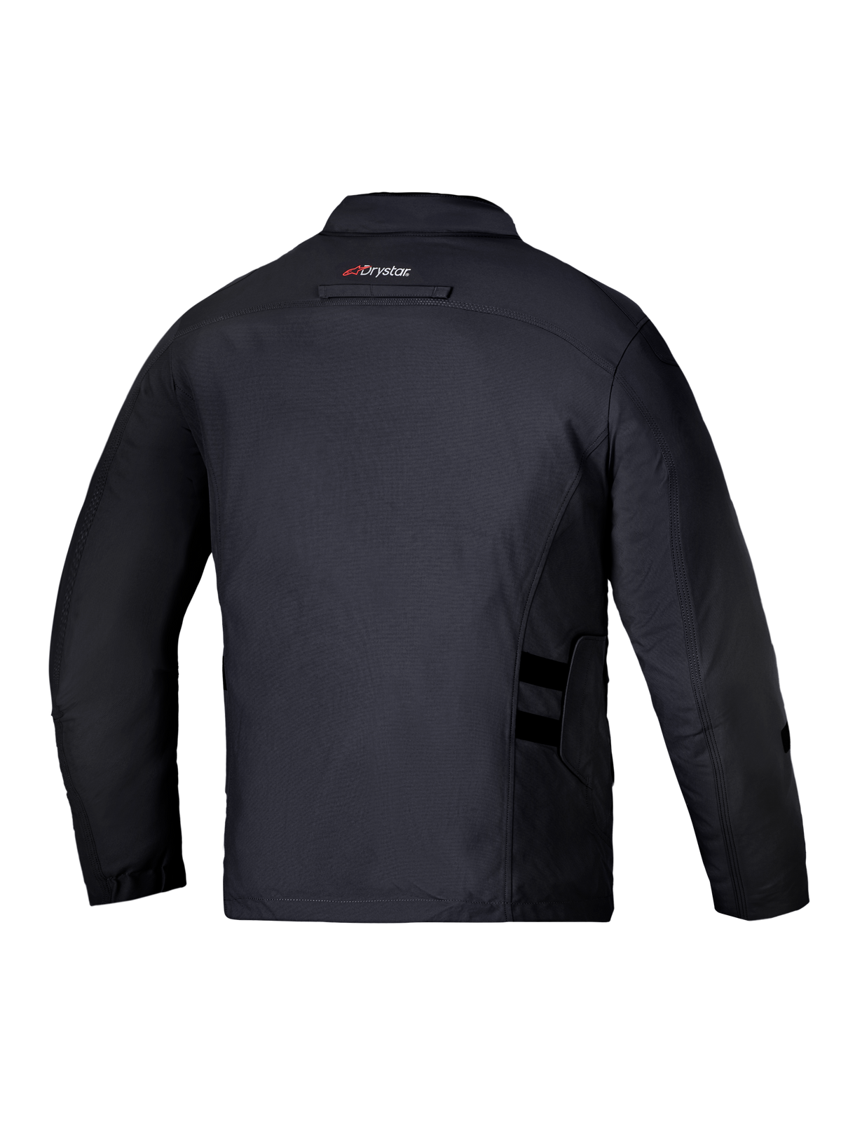 Alpinestars Altan Drystar Chaqueta, chaqueta de moto impermeable para hombre, vista trasera en negro con el logotipo Drystar en la parte superior de la espalda y detalles de ajuste en la cintura