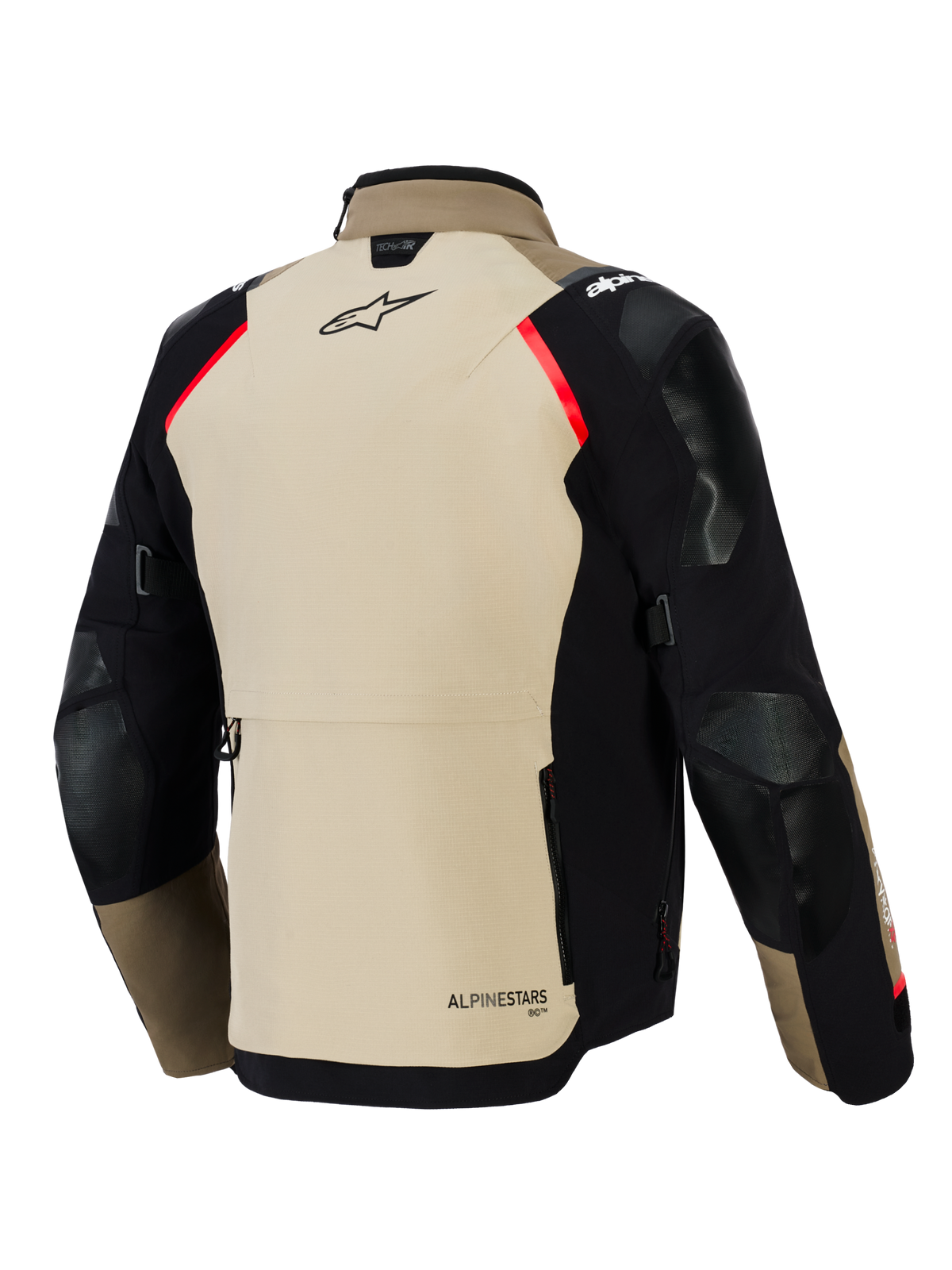 Chaqueta Alpinestars Andes Pro Drystar® XF, vista trasera, color nogal y negro con detalles en rojo, cuenta con paneles reforzados en hombros y codos, gran bolsillo de almacenamiento trasero y logotipos de Alpinestars, equipamiento de motociclismo para touring de aventura
