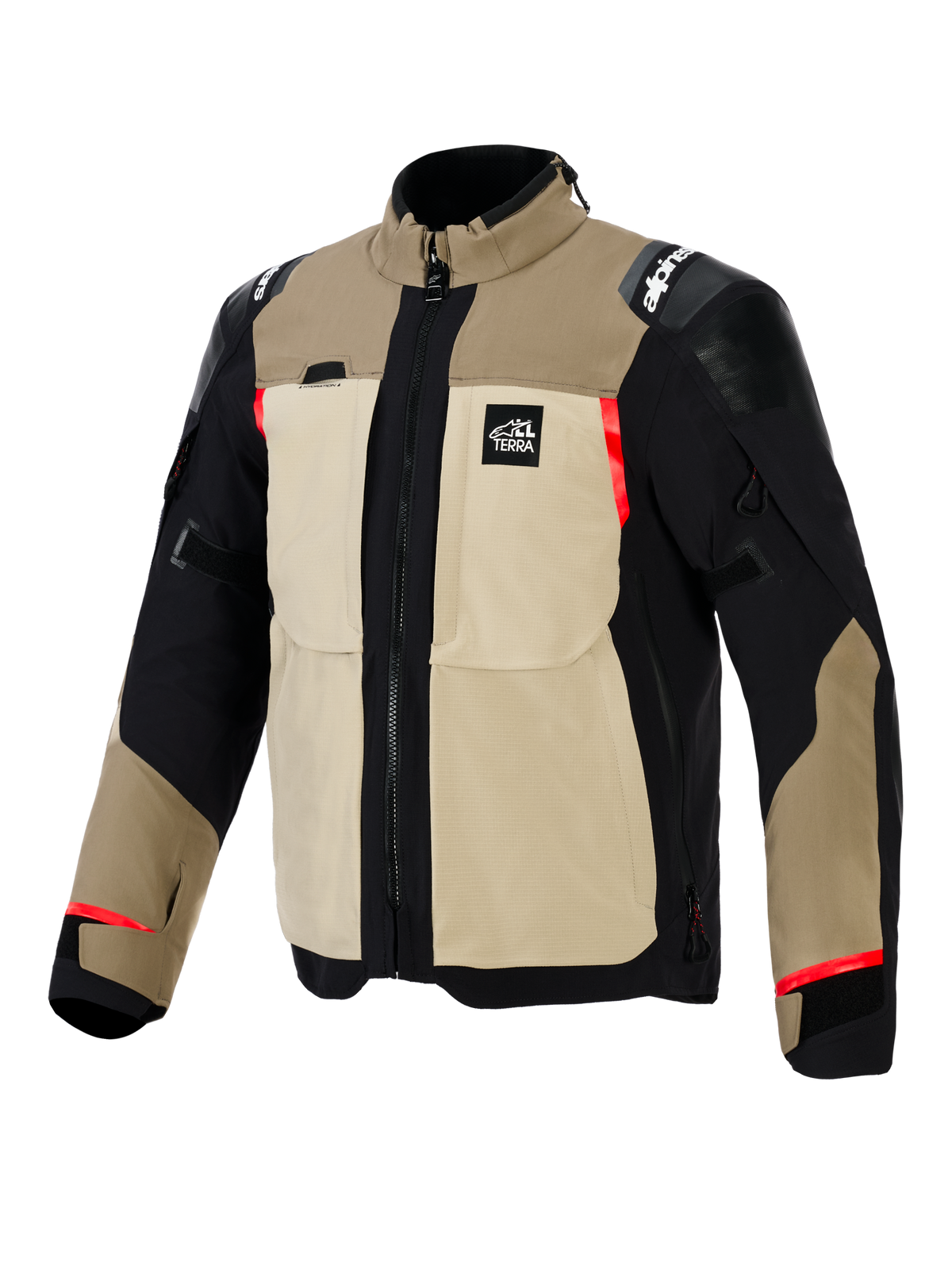 Chaqueta Alpinestars Andes Pro Drystar® XF, chaqueta de motociclismo de aventura, combinación de colores Walnut y Aluminum, confección textil en color beige y negro con detalles rojos, con amplios bolsillos utilitarios en el pecho, logotipo 'All Terra' en el pecho y paneles reforzados en los hombros.