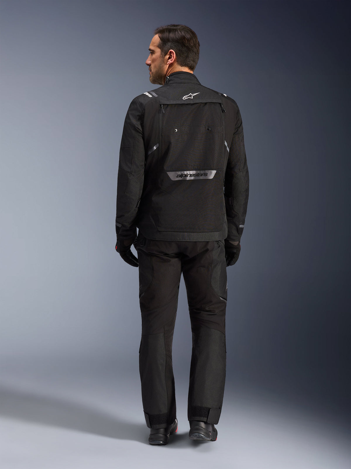 Alpinestars Cusco Drystar® Jacket, Black men's textile adventure touring jacket with reflective details, rear view.