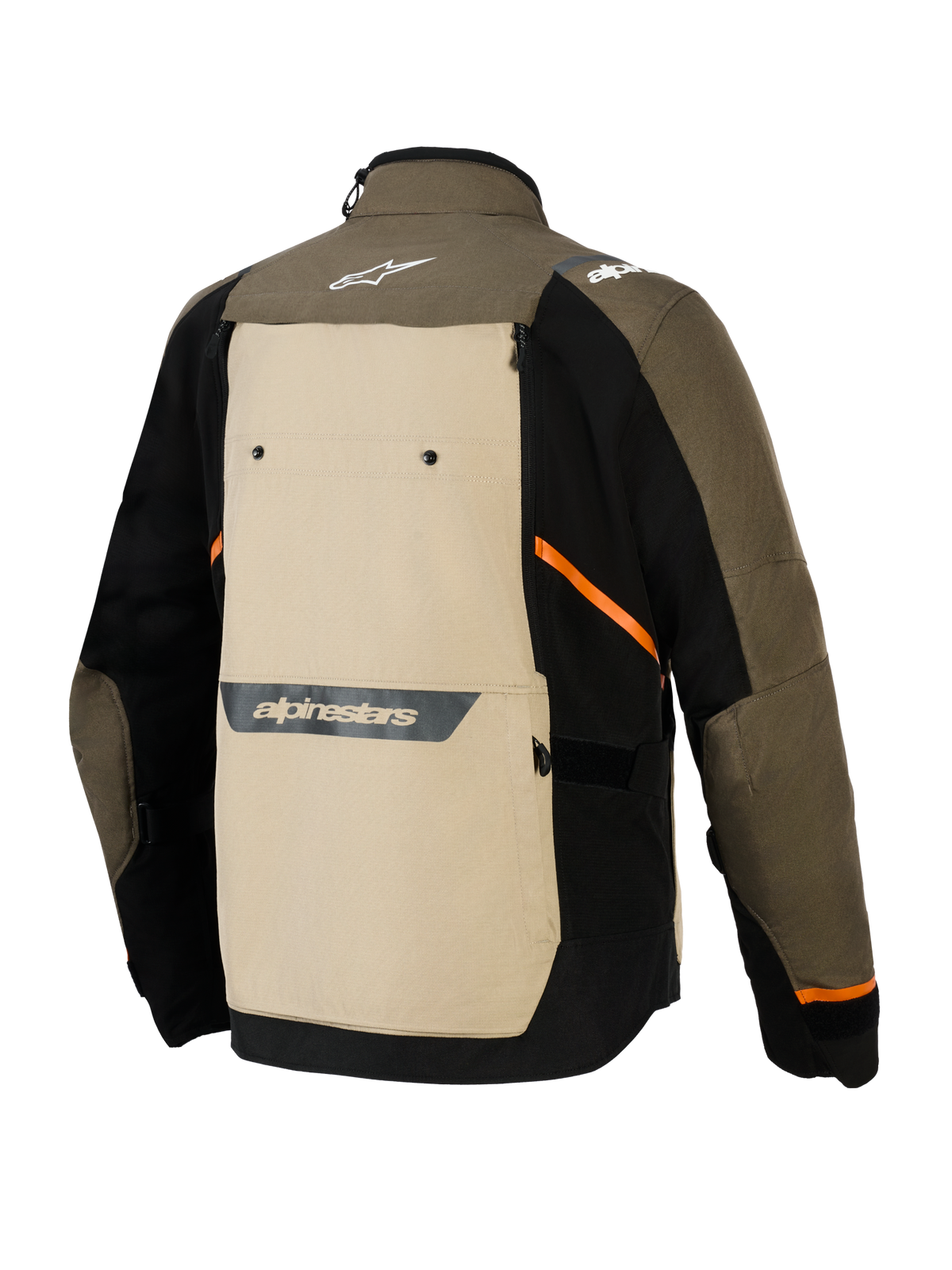 Alpinestars Cusco Drystar® Jacket, vista posterior, color Walnut Aluminum Black, chaqueta textil de aventura para motocicleta con un panel posterior beige grande, acentos diagonales naranjas y logotipos reflectantes sobre una base marrón y negra.
