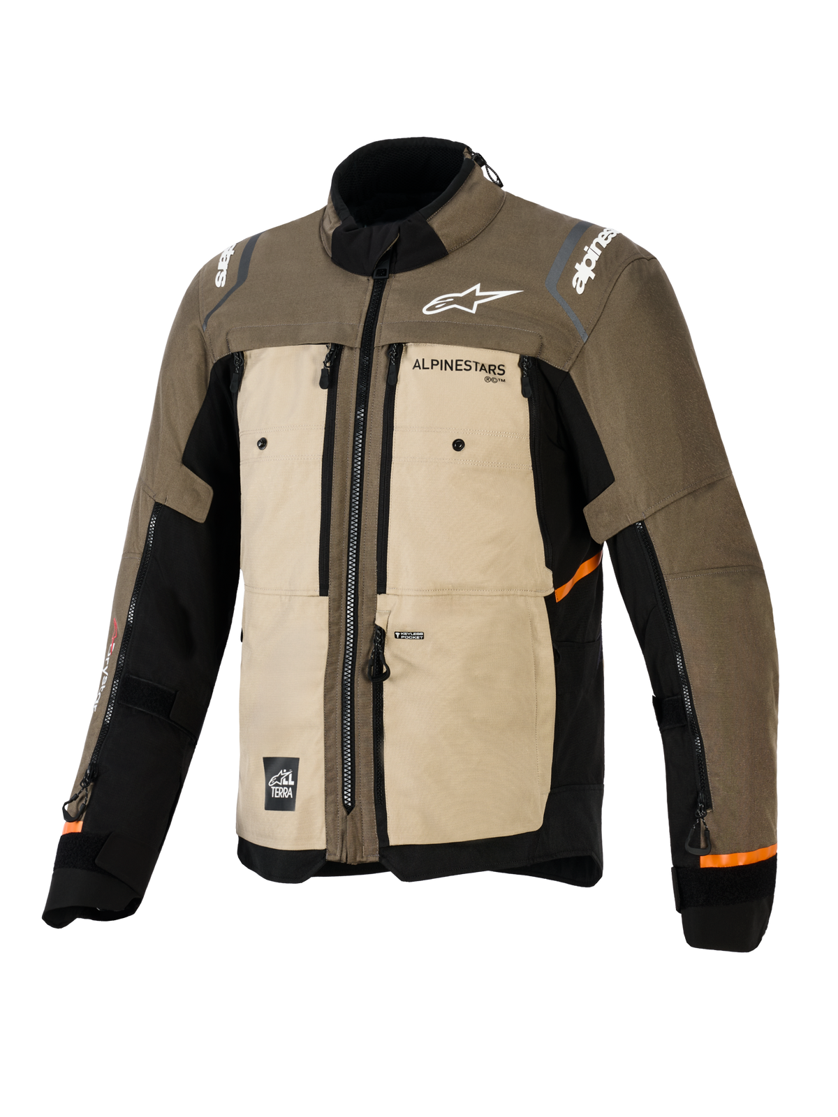 Chaqueta Alpinestars Cusco Drystar®, Walnut Aluminum Black, chaqueta de motociclismo adventure touring, vista frontal de tres cuartos, construcción textil con paneles en color canela y marrón, ventilaciones con cremallera, logotipos de Alpinestars en blanco y detalles en naranja en las mangas
