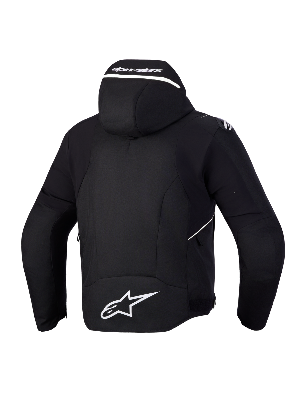 Alpinestars Zaca V2 Waterproof, chaqueta de moto para hombre, negra con detalles blancos, vista trasera con capucha integrada y logotipo de Alpinestars