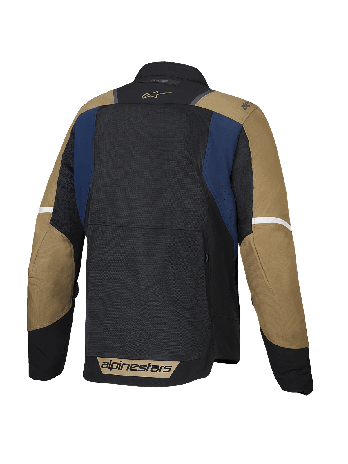 Alpinestars Chaqueta ST-2 Air, chaqueta de moto touring de verano para hombre, vista trasera que muestra paneles de malla ventilados y faldón trasero alargado, azul oscuro, caqui oscuro y negro, con certificación CE de nivel AA y compatible con Tech-Air