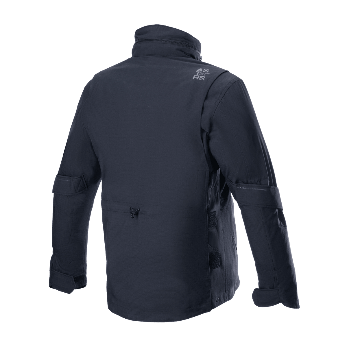 Chaqueta Alpinestars MO.ST.EQ Field Waterproof Primaloft, Negro, vista trasera, chaqueta de motociclismo contemporánea de inspiración urbana con confección en tejido antidesgarros, cuello alto y logotipo gris sutil en el hombro.