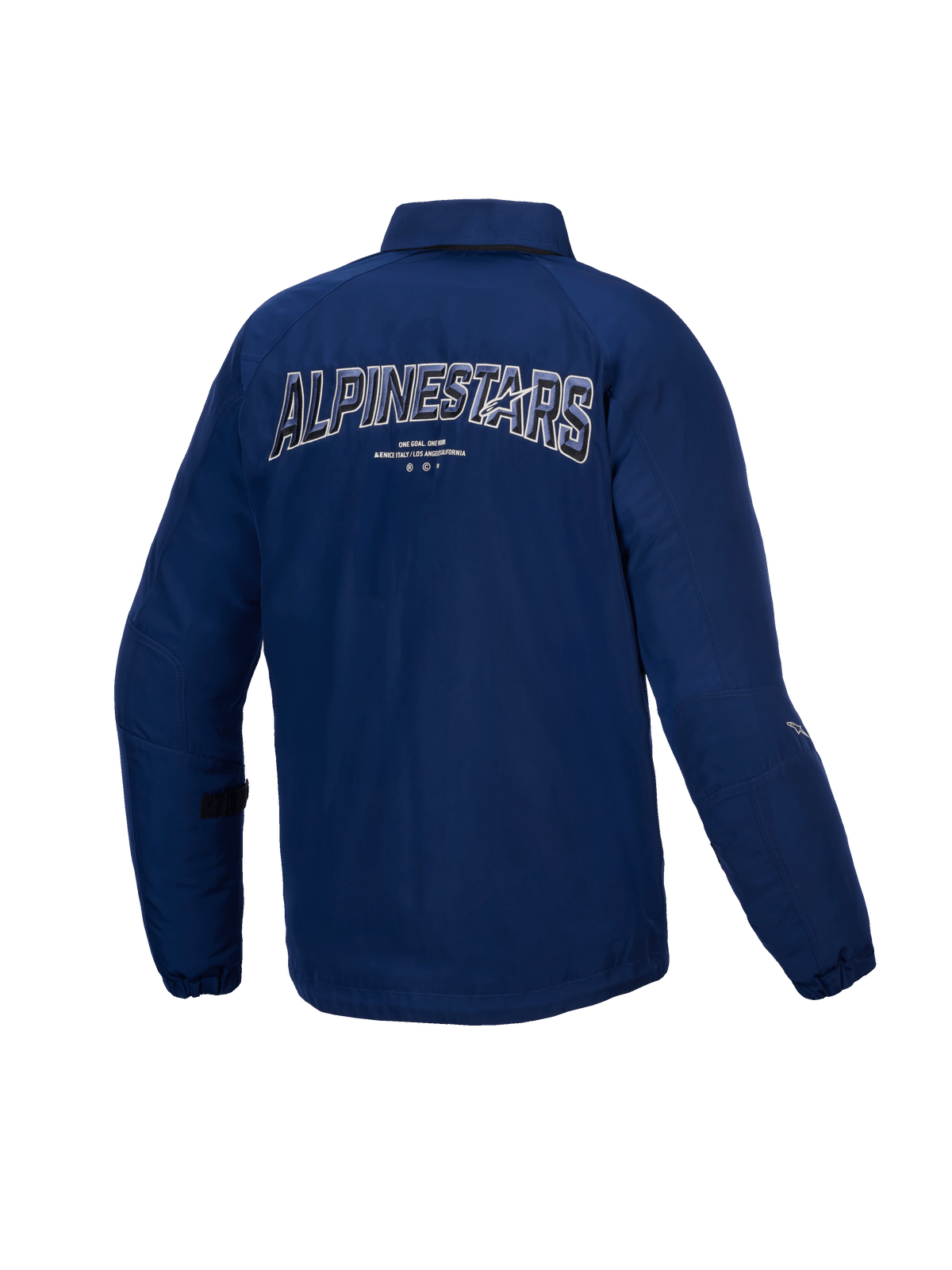 Alpinestars Chaqueta Revved Resistente Al Agua, chaqueta de moto urbana para hombre, azul, vista trasera con bordado dinámico en 3D, construcción satinada resistente al agua con certificación CE