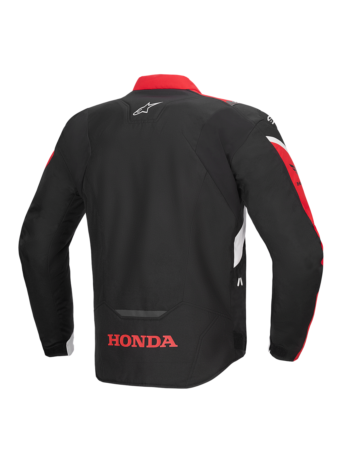 Chaqueta Alpinestars Honda T-Jaws V4 WP, vista trasera, negra con detalles en rojo brillante y blanco, con el logotipo de Honda en rojo en la parte inferior de la espalda y el logotipo de la estrella de Alpinestars en la parte superior, chaqueta textil deportiva con detalles reflectantes