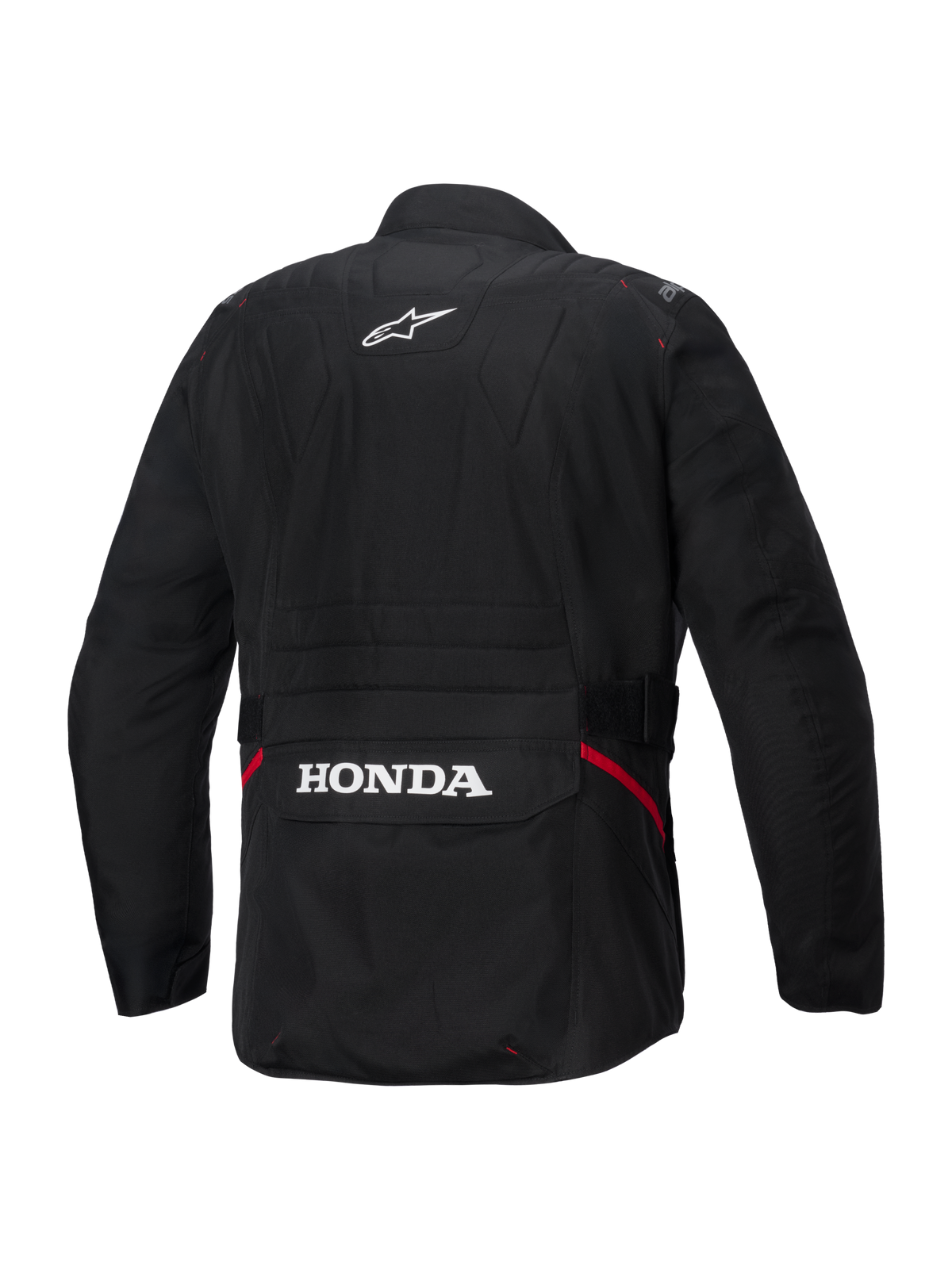 Chaqueta Alpinestars Honda ST-1 Waterproof, vista posterior, textil negro, con el logotipo de la estrella de Alpinestars en blanco en la parte superior de la espalda y la marca Honda en el bolsillo de carga trasero, detalles rojos en los laterales, chaqueta de turismo para moto resistente