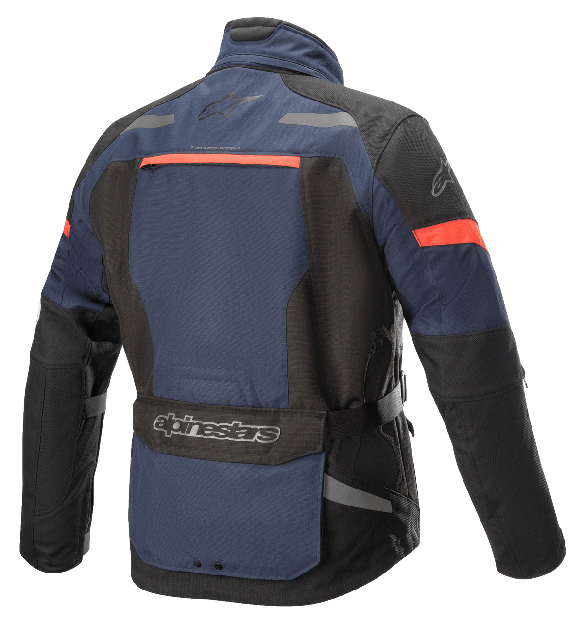 Chaqueta Alpinestars Valparaiso V3 Drystar®, chaqueta de moto adventure touring, azul oscuro y negro con acentos en rojo anaranjado, vista trasera con un gran bolsillo utilitario, detalles reflectantes y aberturas de ventilación.