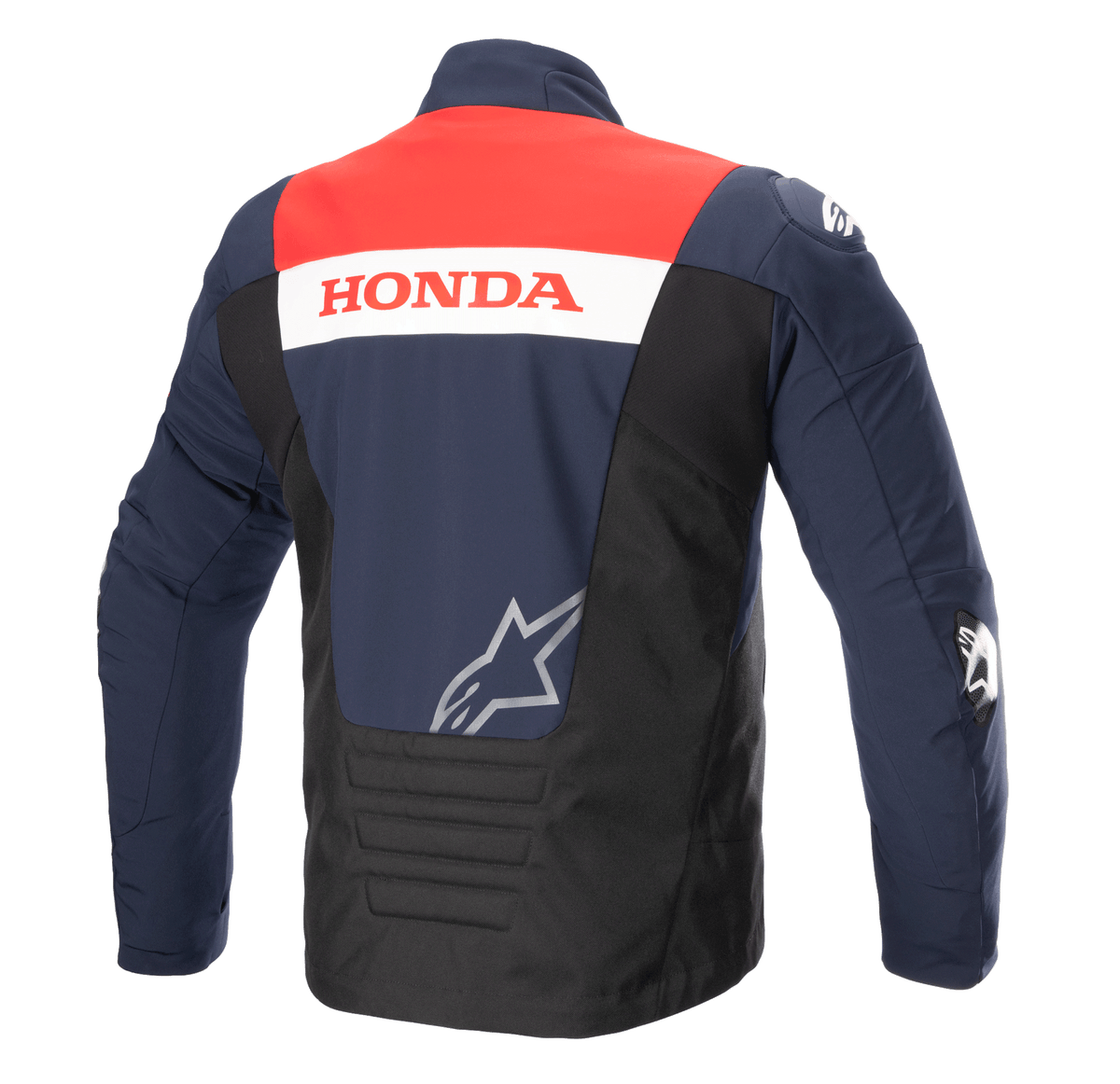 Vista posterior de la chaqueta Alpinestars Honda SMX Waterproof Softshell, combinación de colores azul noche, negro y rojo brillante, con la marca 'HONDA' sobre una franja blanca y un logotipo plateado de Alpinestars, diseñada para la conducción de motocicletas en carretera