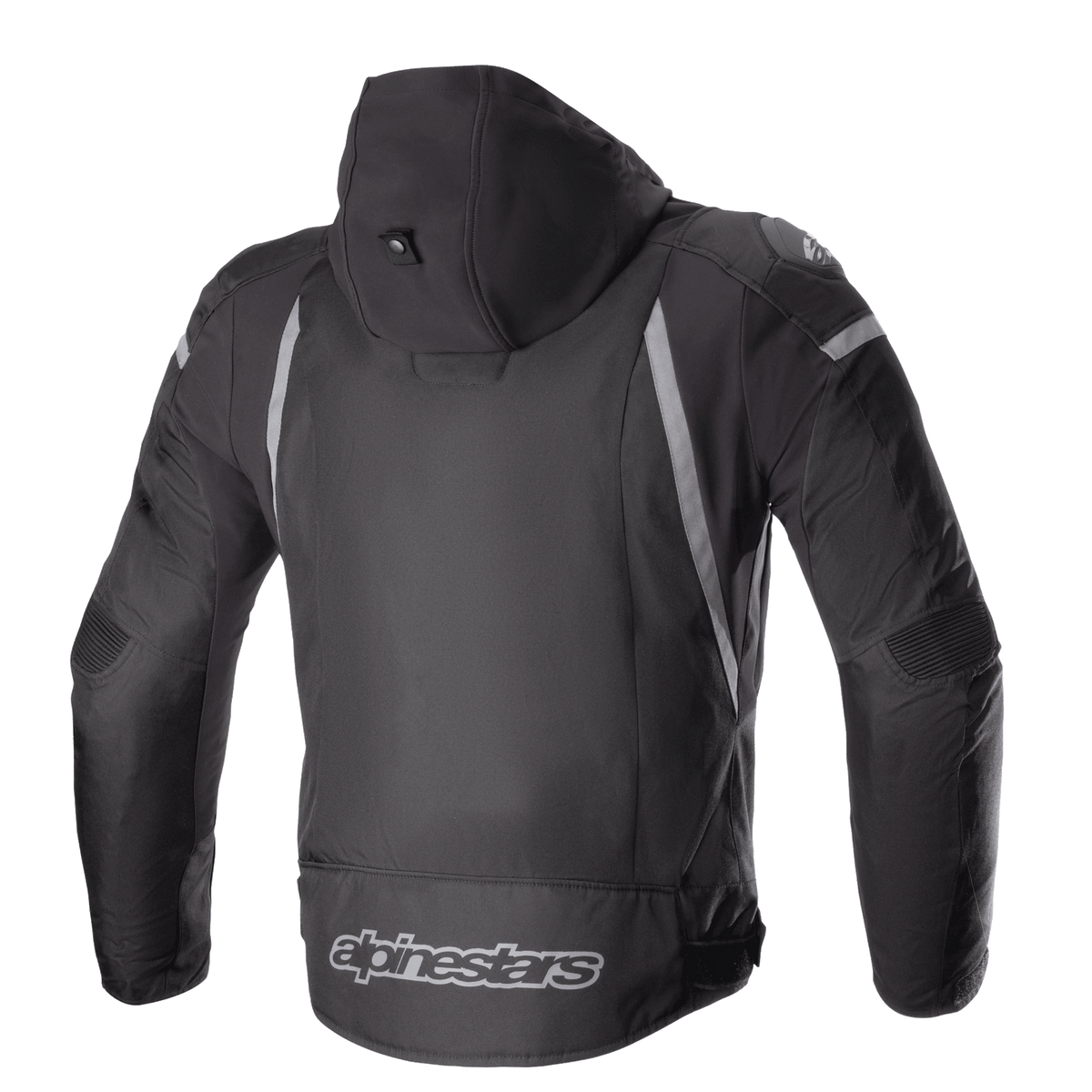 Chaqueta impermeable Alpinestars Zaca, negra y gris oscuro, vista trasera con capucha desmontable, detalles reflectantes grises y el logotipo de Alpinestars en la parte inferior de la espalda, chaqueta deportiva textil para moto