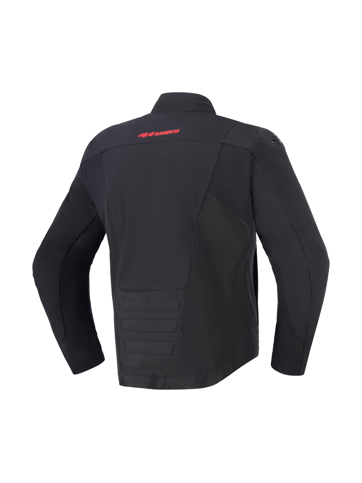 Chaqueta impermeable Alpinestars SMX, negra, vista trasera con el logotipo de Alpinestars en rojo en la parte superior de la espalda, dobladillo trasero alargado para mayor cobertura, paneles textiles y de softshell, equipo de protección para motociclismo de carretera y conducción deportiva.
