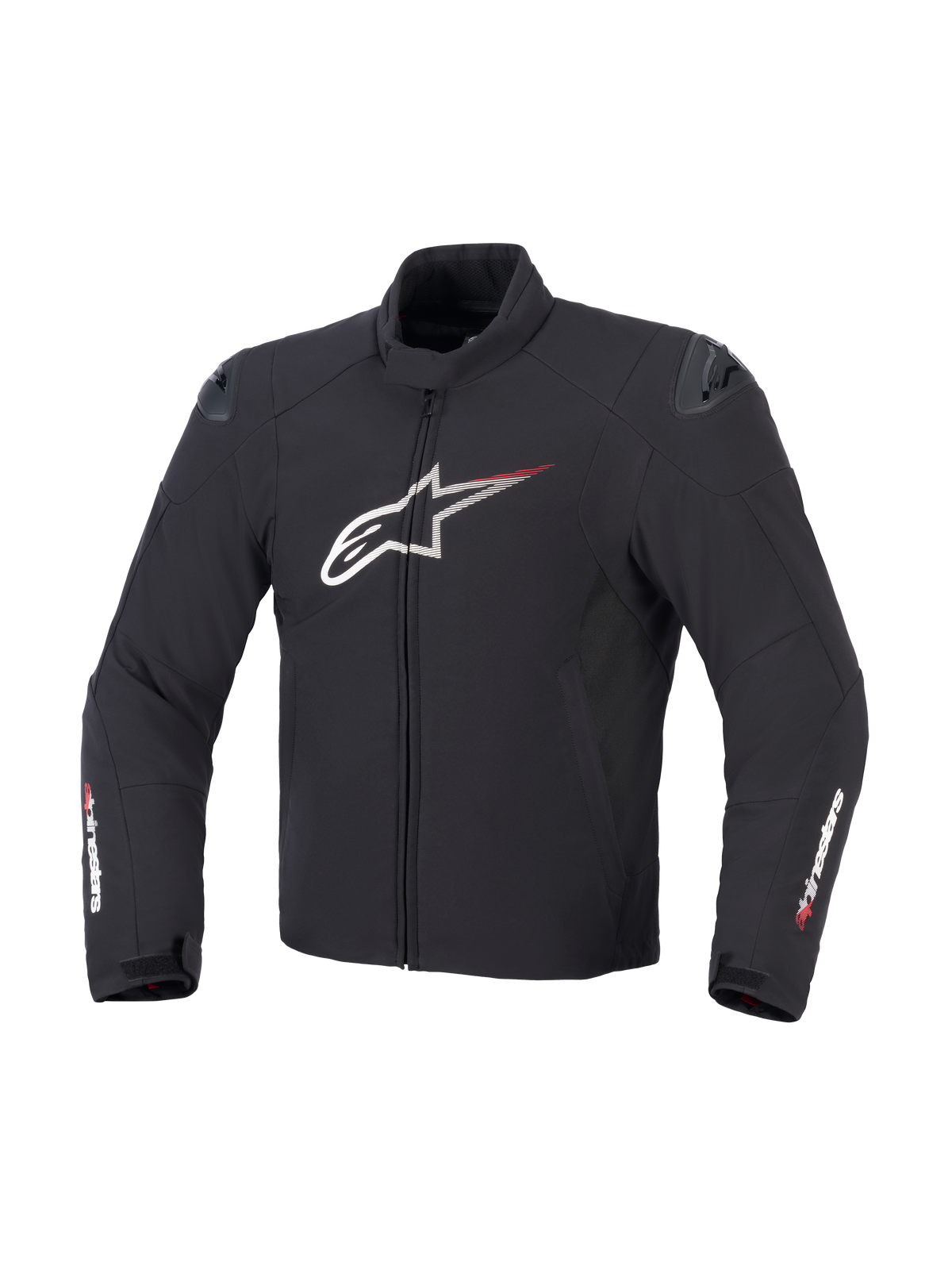 Chaqueta impermeable Alpinestars SMX en negro, blanco y rojo brillante, vista frontal que muestra la construcción textil, gran logotipo Astar blanco en el pecho con líneas de velocidad rojas, deslizadores externos de hombro DFS lite y marca Alpinestars en las mangas.