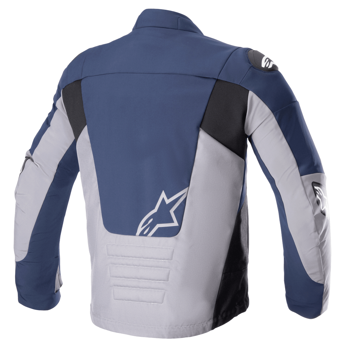 Chaqueta impermeable SMX de Alpinestars, vista trasera, azul noche y gris oscuro, con paneles de bloques de color en azul marino y gris claro con detalles en negro, logotipo de estrella blanco en la parte inferior de la espalda y detalles de costuras horizontales acolchadas