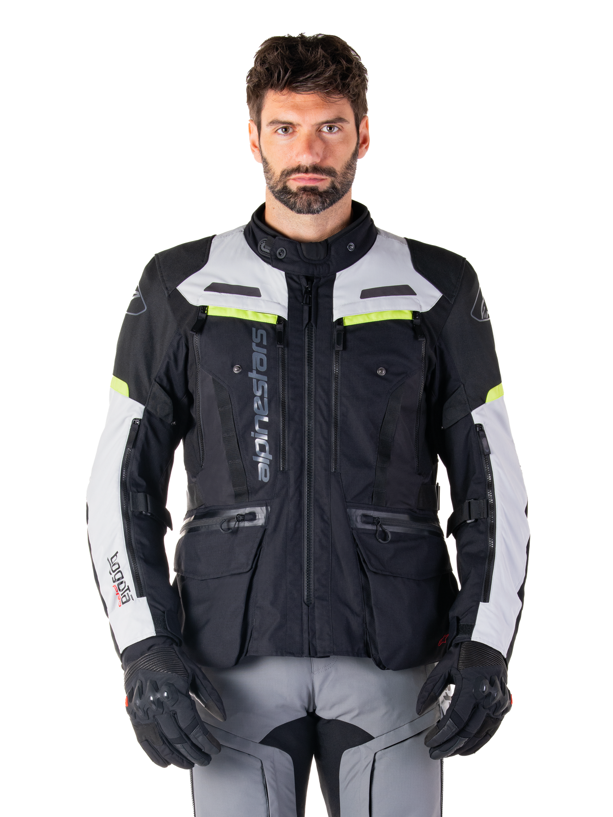 Alpinestars Bogotá Pro Drystar® Jacket, men's adventure touring jacket in black and gray with yellow fluo accents.