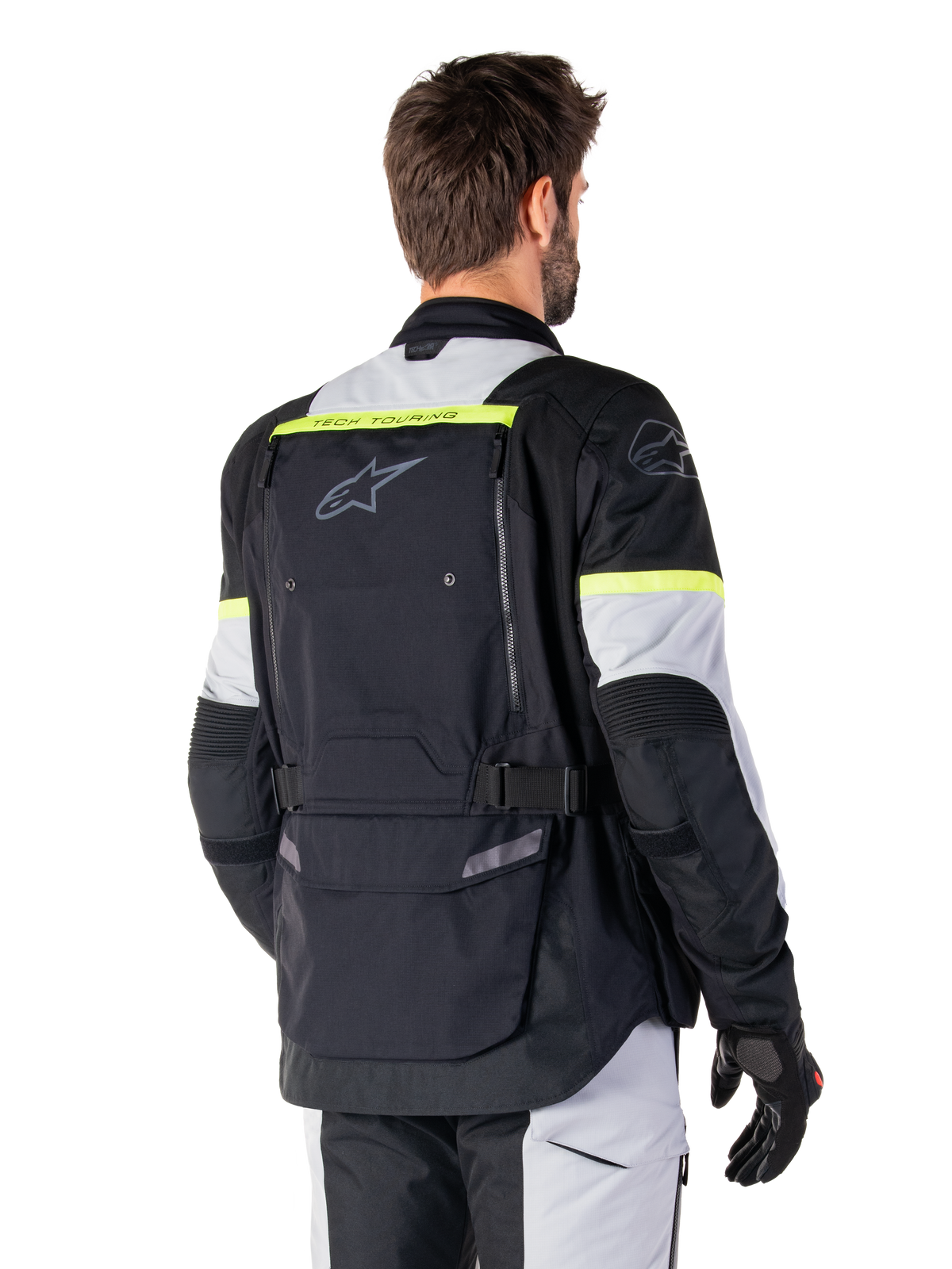 Alpinestars Bogota' Pro Drystar® Jacket, men's textile adventure touring jacket in Black and Yellow Fluo, rear view.
