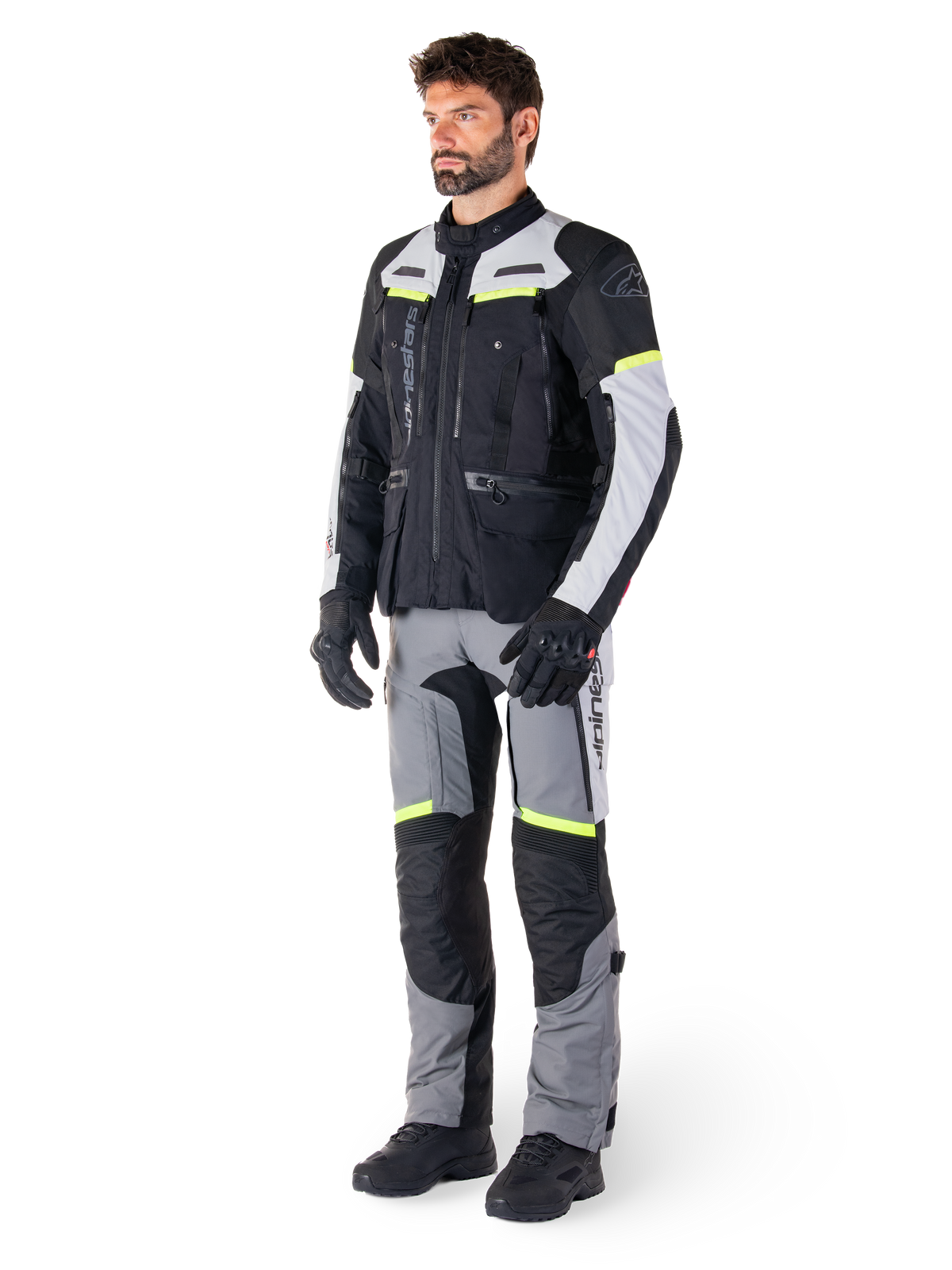 Alpinestars Bogotá Pro Drystar® Jacket, black and gray textile adventure touring gear with yellow fluo accents.