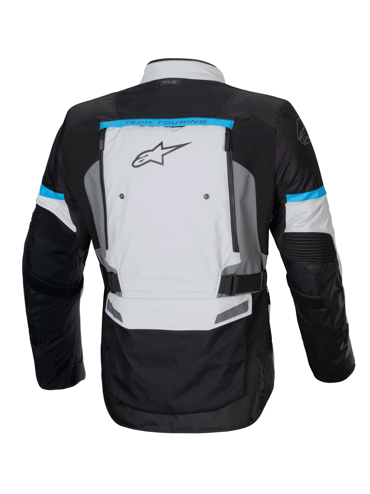 Chaqueta Bogotá Pro Drystar Alpinestars, chaqueta de moto touring gris y negra con detalles cian y ventilación trasera