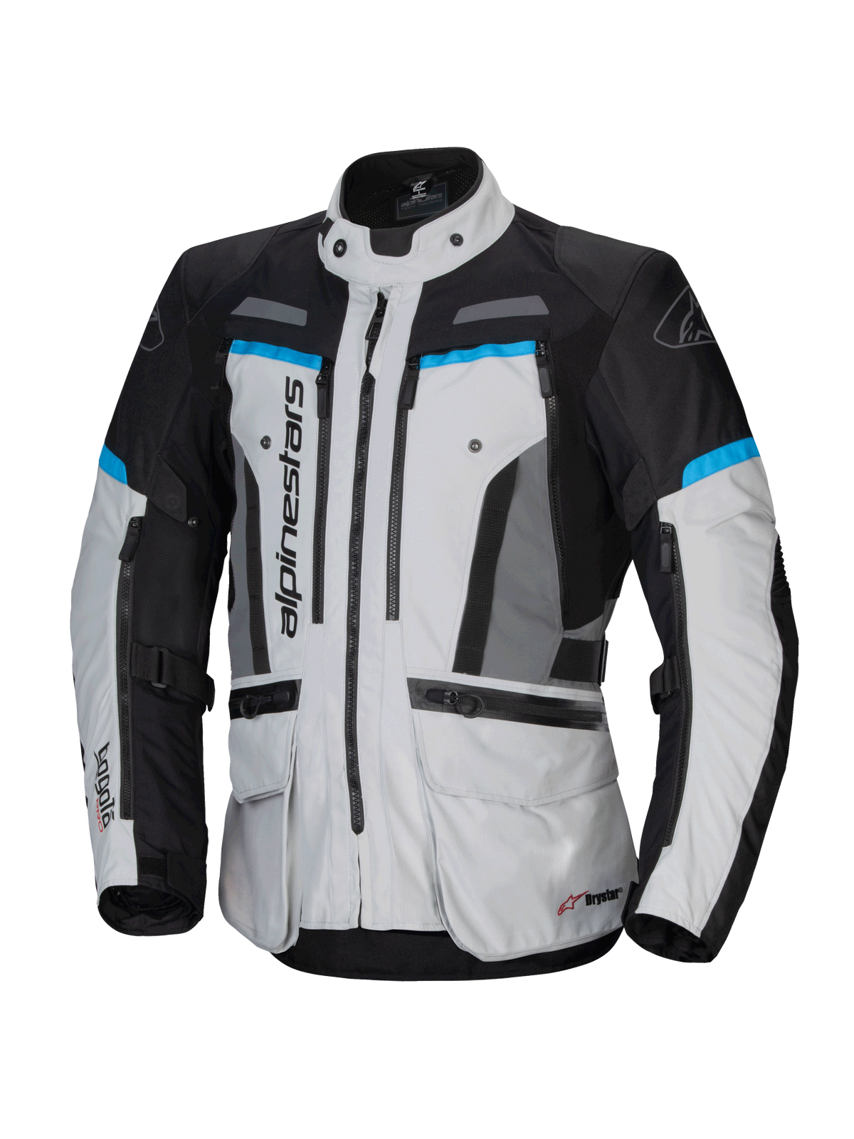 Alpinestars Chaqueta Bogotá Pro Drystar®, chaqueta de moto touring, hombre, gris hielo y negra con cian, textil impermeable.