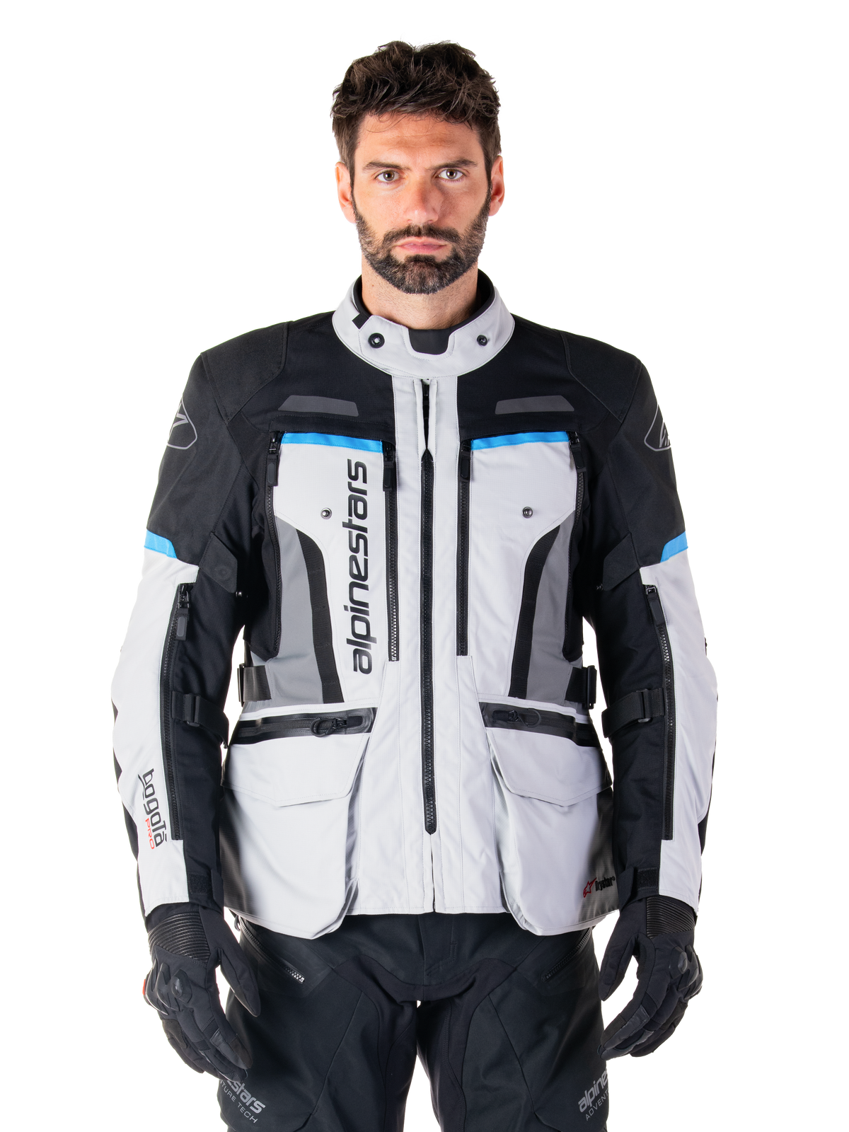 Alpinestars Bogotá Pro Drystar, chaqueta de moto adventure touring para hombre, gris hielo, negra y cian, impermeable.