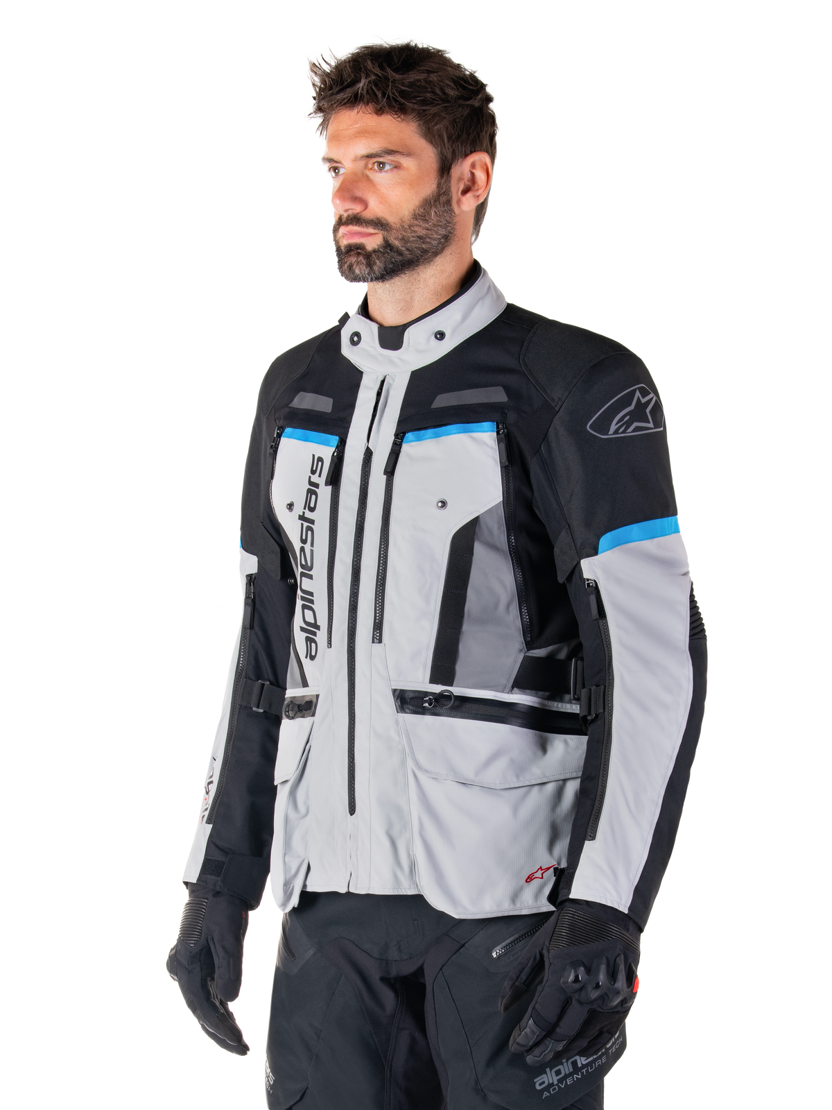 Alpinestars Bogotá Pro Drystar, chaqueta de moto adventure para hombre, gris hielo, negra y cian, impermeable y transpirable