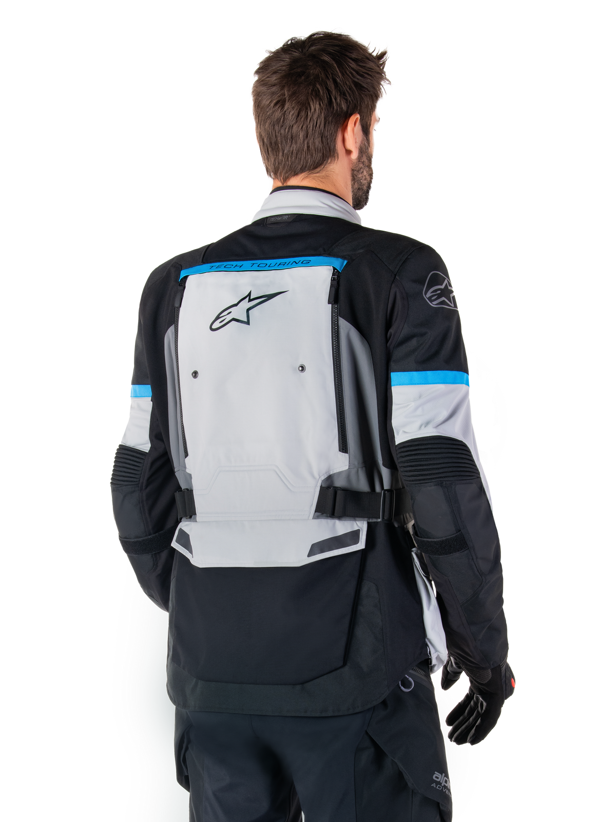 Alpinestars Bogotá Pro Drystar®, chaqueta de moto de aventura, hombre, gris hielo, negro y cian, textil, vista trasera