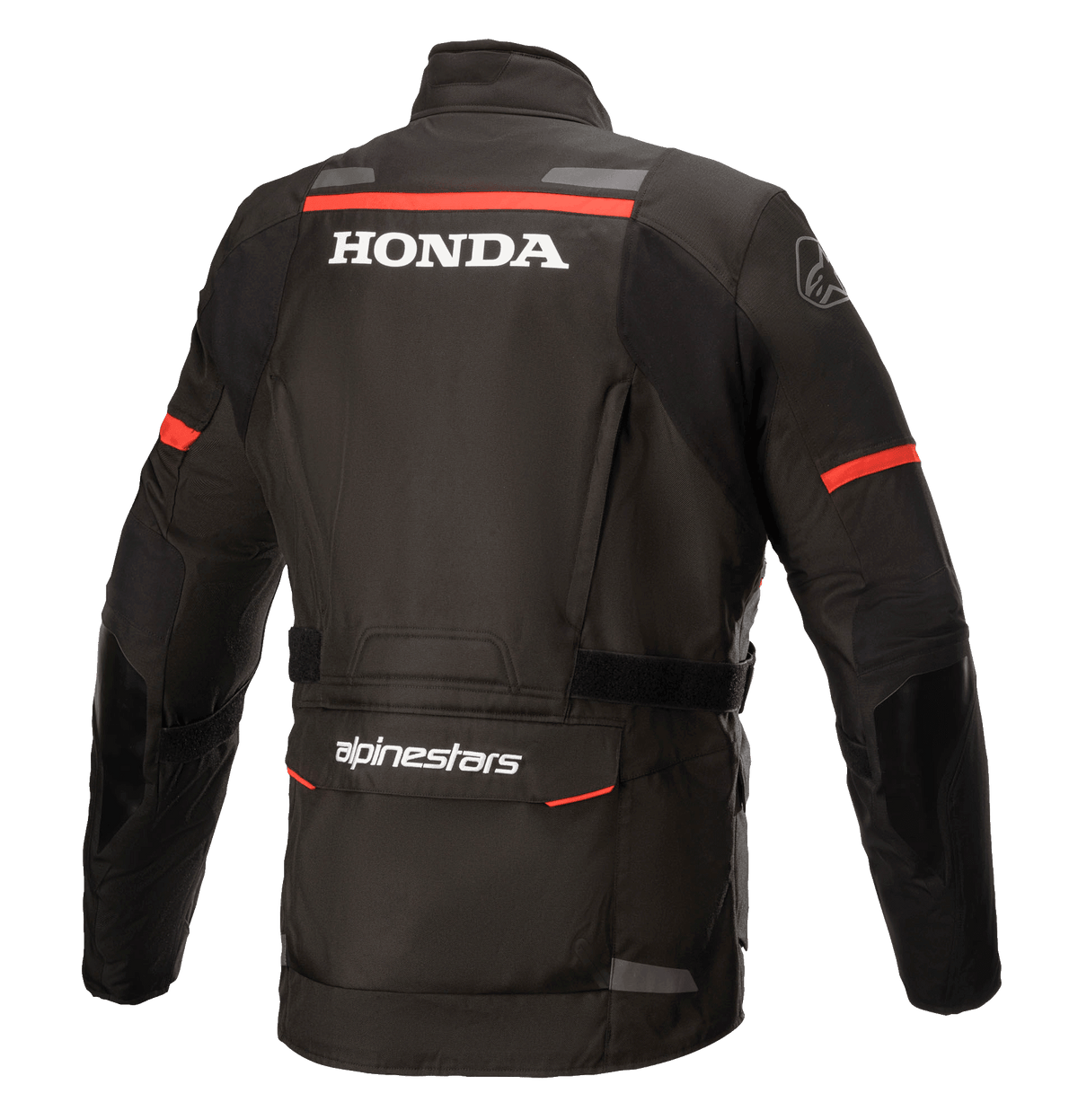 Alpinestars Honda Andes V3 Drystar® Jacket, Black, rear view featuring white Honda and Alpinestars branding, red accent stripes on the shoulders and sleeves, adventure touring motorcycle jacket with reflective details and a large rear utility pocket.