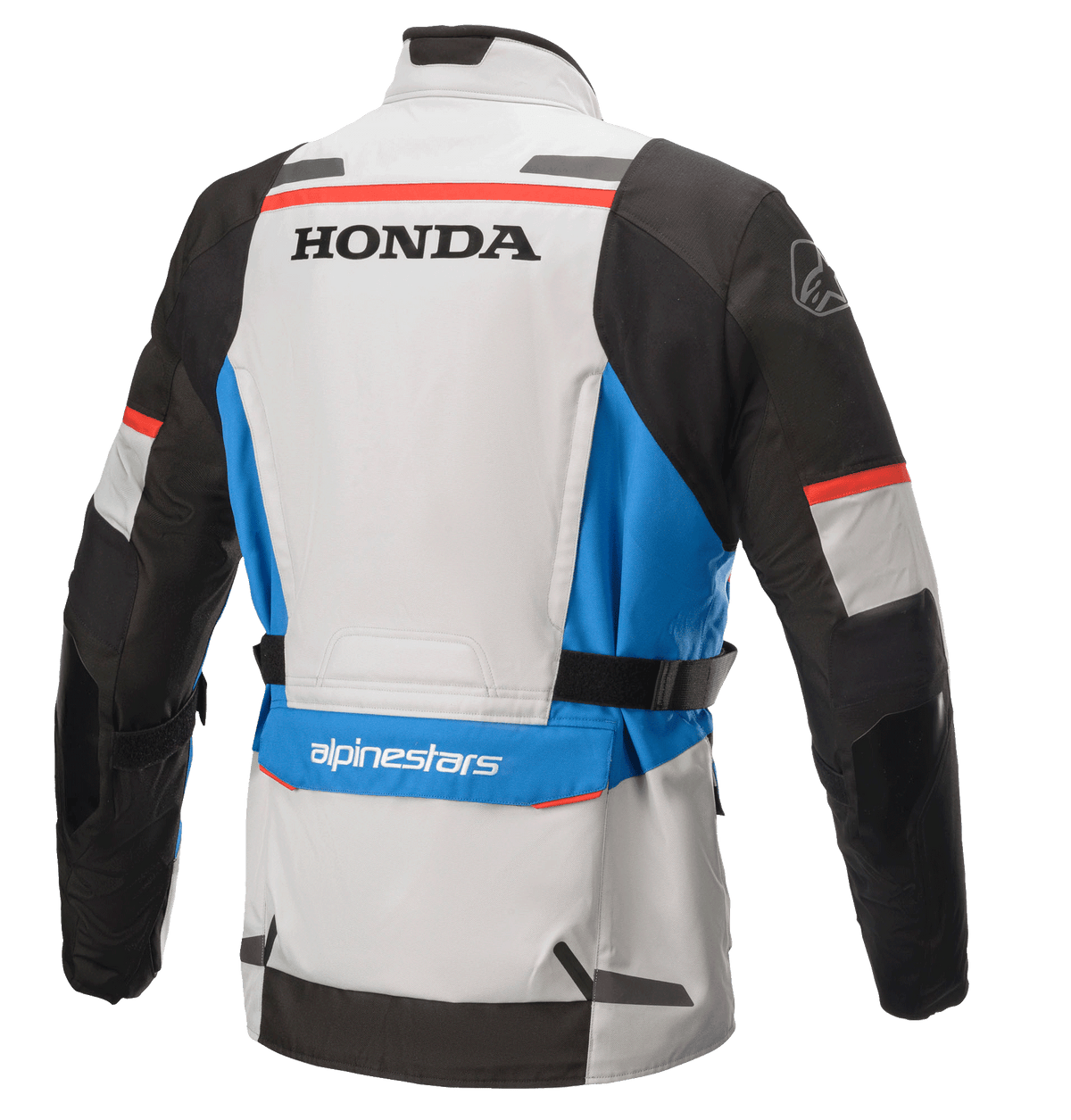 Alpinestars Honda Andes V3 Drystar® Jacket, Textile Adventure Touring Jacket, Ice Gray Blue Bright Red, Rear view with Honda and Alpinestars logos, featuring black sleeves, blue accents, and adjustable waist straps