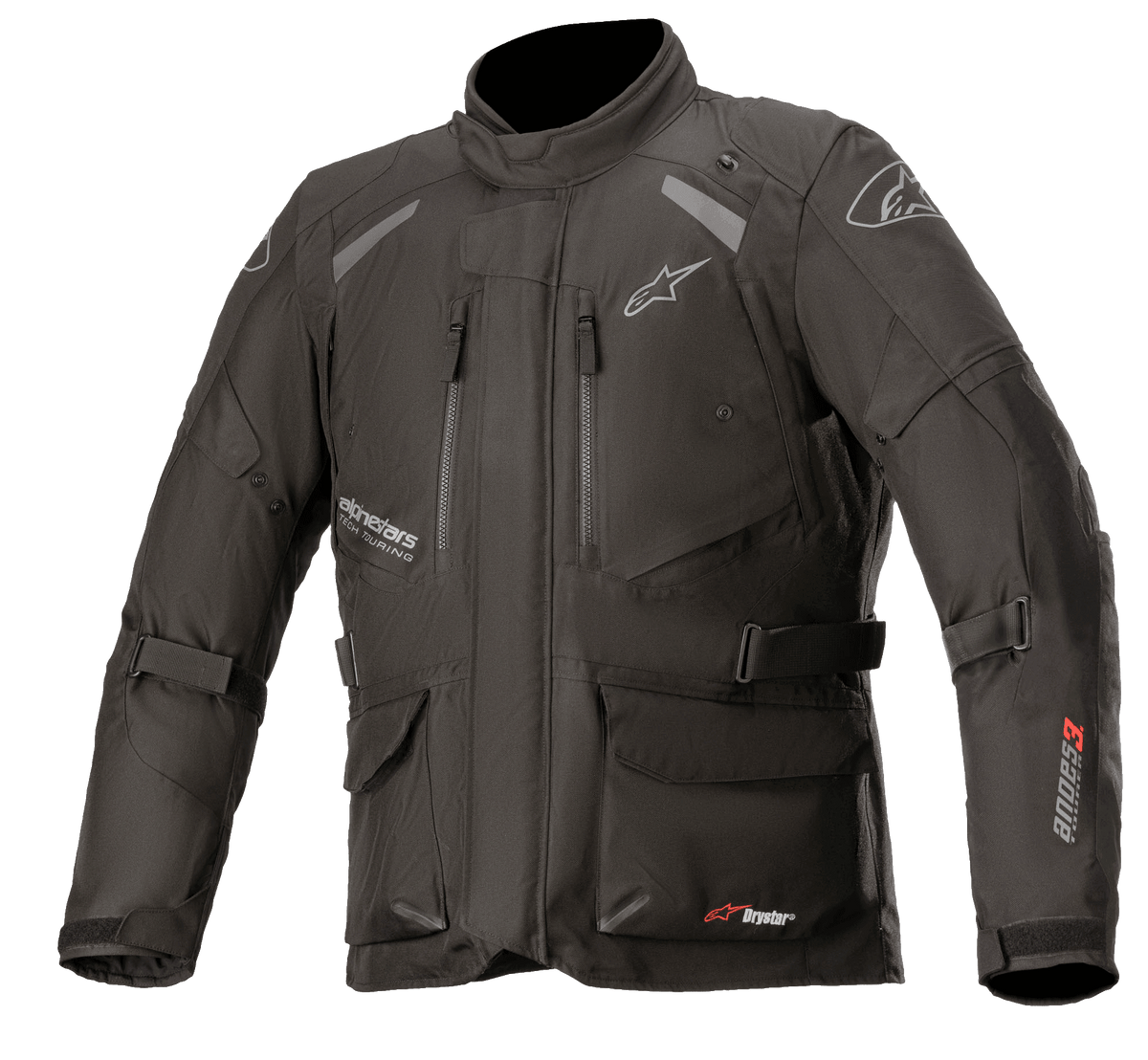 Chaqueta Alpinestars Andes V3 Drystar, chaqueta de moto para turismo de aventura, negra con logotipos en blanco y rojo, cuenta con múltiples bolsillos cargo impermeables, correas ajustables para un ajuste personalizado, construcción textil resistente a la intemperie y paneles reflectantes para mayor visibilidad
