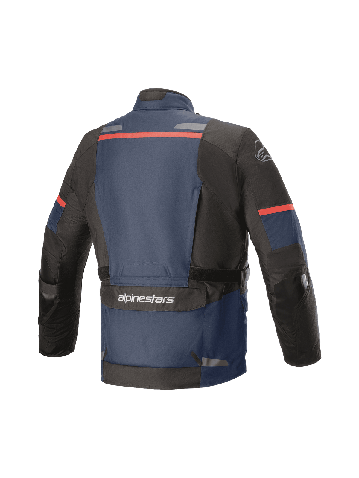 Chaqueta Alpinestars Andes V3 Drystar®, chaqueta de moto para turismo de aventura, vista trasera, azul oscuro y negro con detalles rojos, con un gran bolsillo utilitario en la parte inferior de la espalda con la marca Alpinestars, tiras reflectantes en la parte superior y secciones reforzadas en los codos.