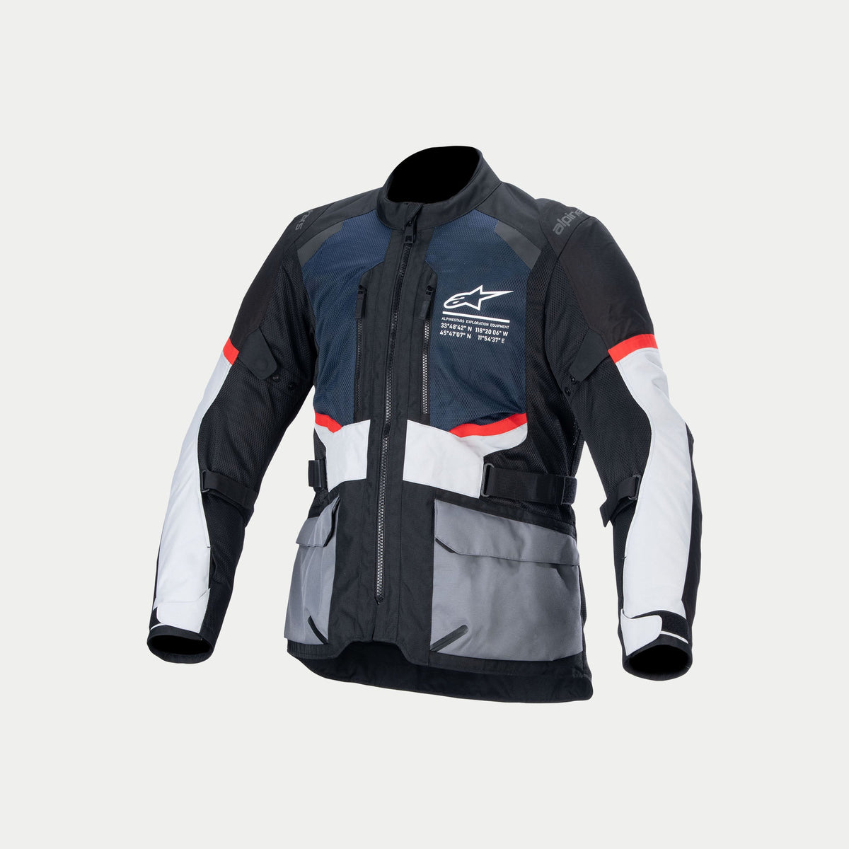 Alpinestars Chaqueta Andes Air Drystar®, chaqueta de moto de aventura para hombre, azul oscuro, negro y gris hielo, ventilada con certificación CE y compatible con Tech-Air®