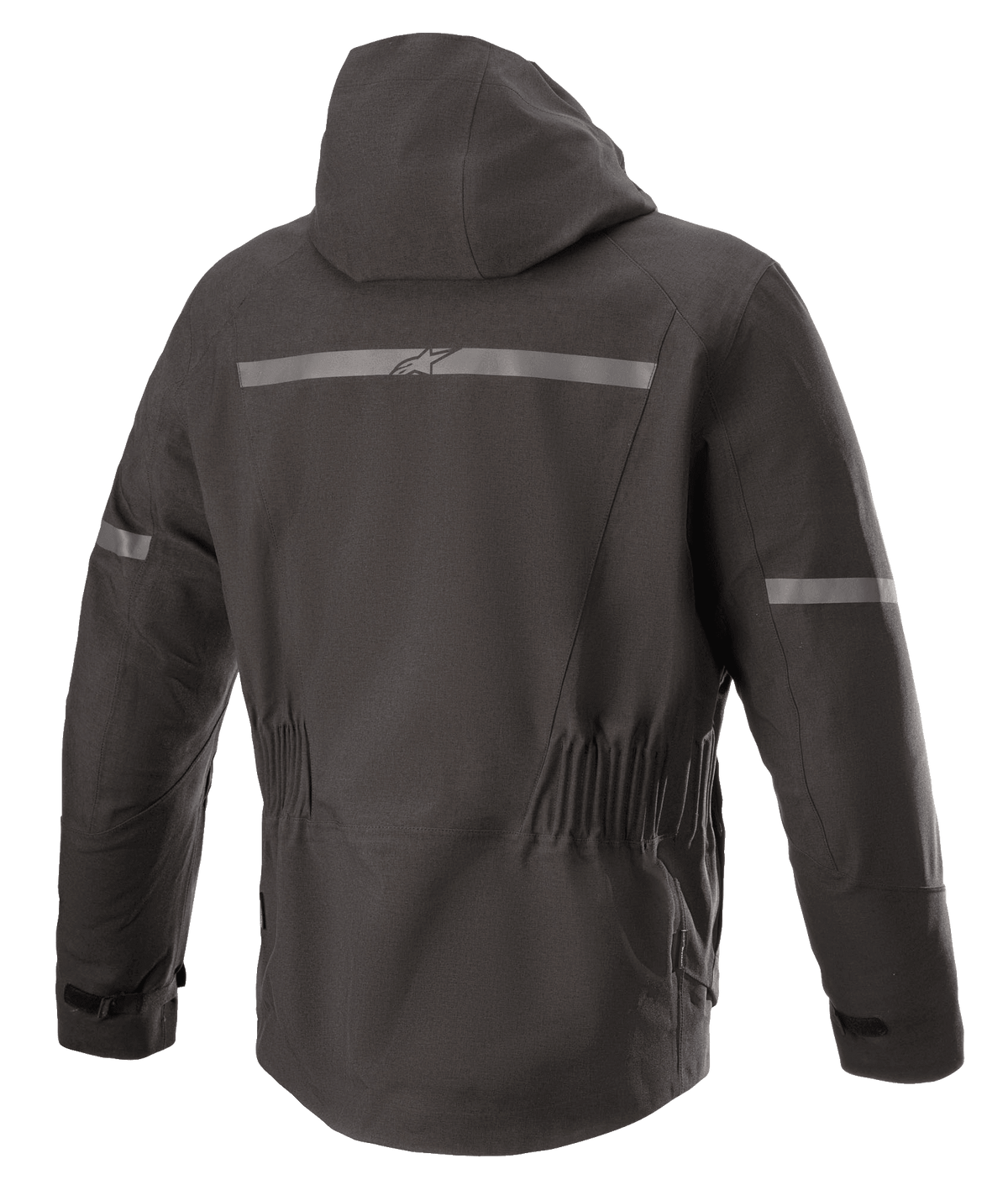 Chaqueta Alpinestars Sirius Drystar® Techshell, chaqueta de moto, Negro Melange, vista posterior con capucha integrada, franja reflectante con el logotipo de Alpinestars, cintura elástica y parte trasera alargada para mayor cobertura al conducir.