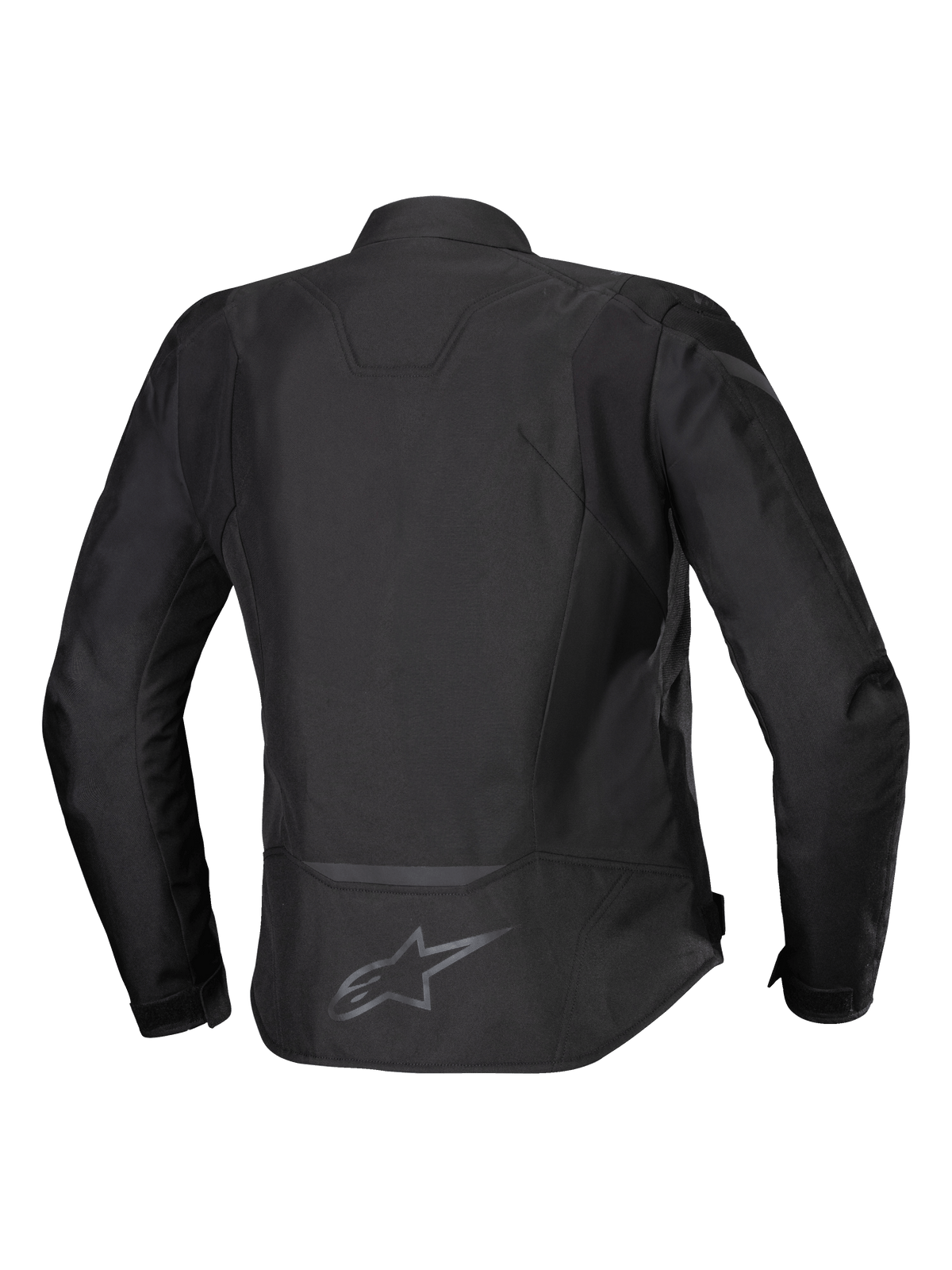 Alpinestars Stella T-Jaws V4 Waterproof Jacket, chaqueta de moto textil para mujer, negro sobre negro, vista posterior que muestra la silueta deportiva ergonómica, detalles reflectantes y el logotipo en la parte inferior de la espalda.