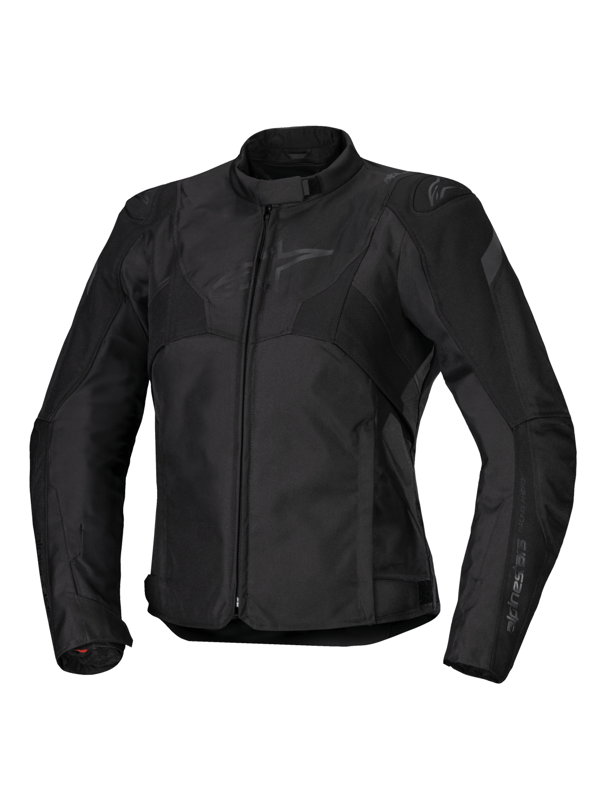Alpinestars Stella T-Jaws V4 Waterproof Jacket, chaqueta de moto para mujer, negro sobre negro, cierre de cremallera frontal, cuello ergonómico, logotipo sutil de Alpinestars en el pecho, construcción textil duradera con un ajuste deportivo inspirado en las carreras