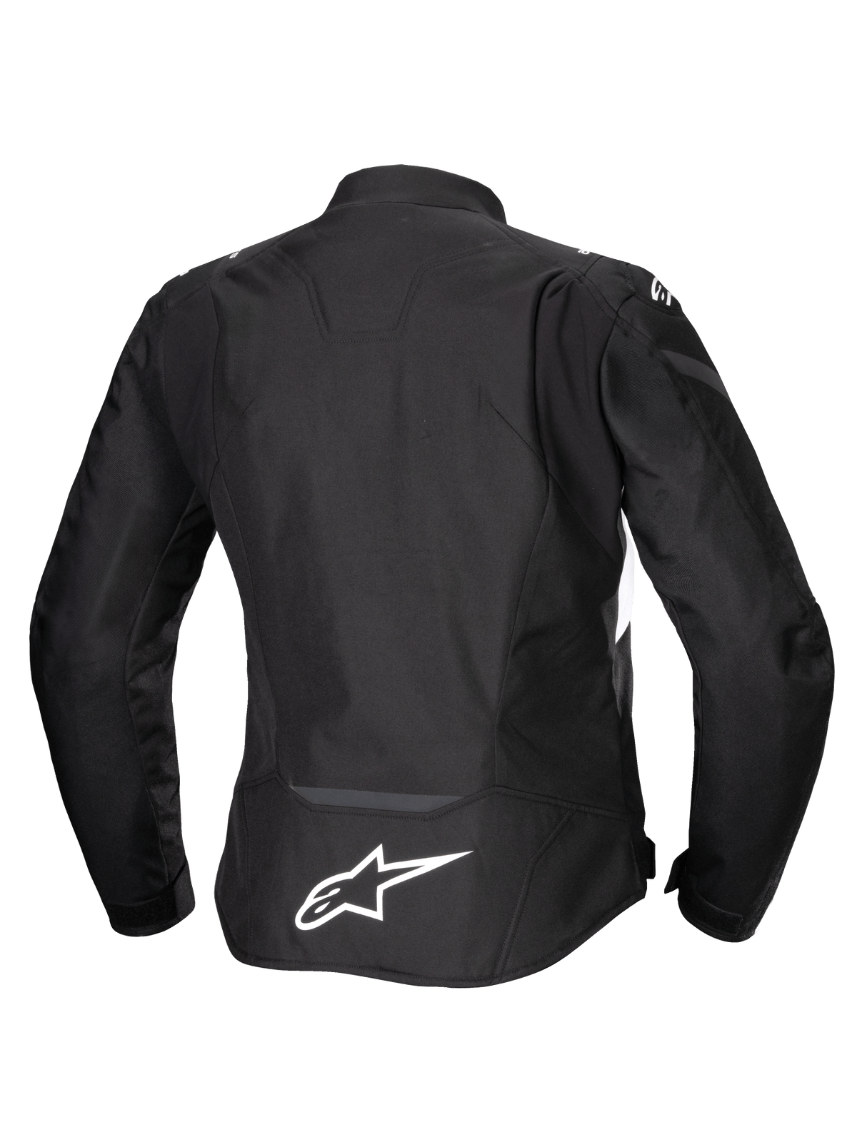 Alpinestars Stella T-Jaws V4 Waterproof Jacket, chaqueta de moto para mujer, negra con detalles blancos, vista trasera con el logotipo blanco de Alpinestars en la parte inferior de la espalda, diseño textil de ajuste deportivo estilizado