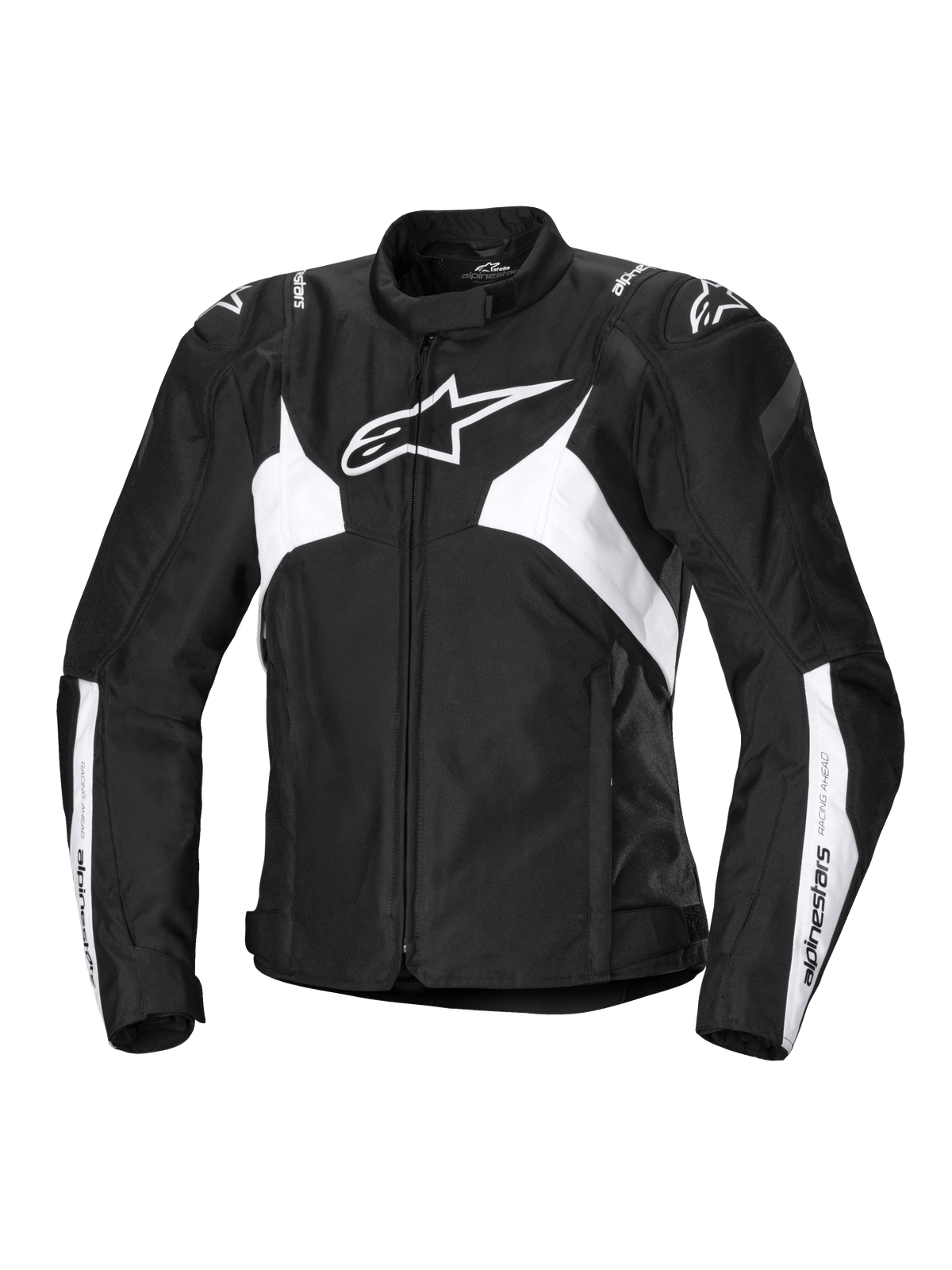 Alpinestars Stella T-Jaws V4 Waterproof Jacket, chaqueta de moto deportiva para mujer, negra y blanca, con un prominente logo de estrella blanca en el pecho, paneles blancos angulares en el torso y las mangas, y refuerzos GP Lite en los hombros con una silueta deportiva 3D ajustada