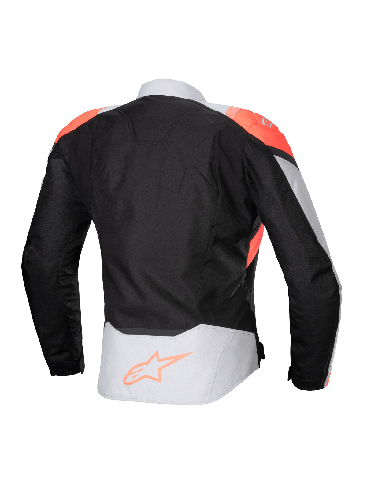 Chaqueta impermeable Alpinestars Stella T-Jaws V4, chaqueta de moto para mujer, color negro, gris hielo y coral fluorescente, vista trasera con detalles en coral fluorescente en los hombros y logotipo de Alpinestars en la parte inferior de la espalda, construcción en tejido técnico para conducción en cualquier clima.