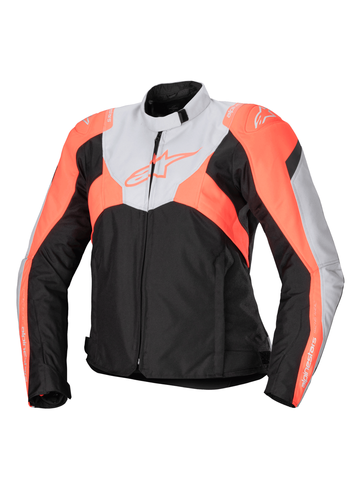 Alpinestars Stella T-Jaws V4 Waterproof Jacket, chaqueta de moto textil deportiva para mujer, negra, gris hielo y coral flúor, con cuello alto, cremallera frontal, bloques de color angulares y logotipos en el pecho y las mangas