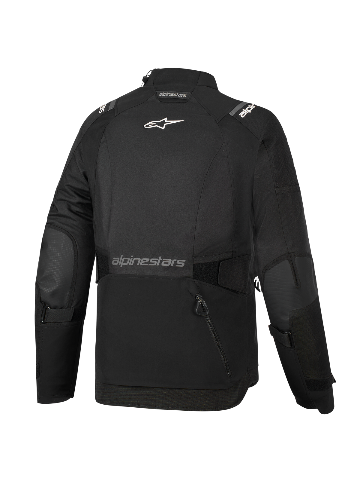 Chaqueta Alpinestars Stella Andes V4 Drystar® para mujer, negra, vista trasera, con un gran bolsillo de almacenamiento posterior, logotipo blanco de Alpinestars en la parte superior de la espalda y marca de texto en la parte inferior, correas ajustables en cintura y brazos, chaqueta de turismo de aventura de textil duradero