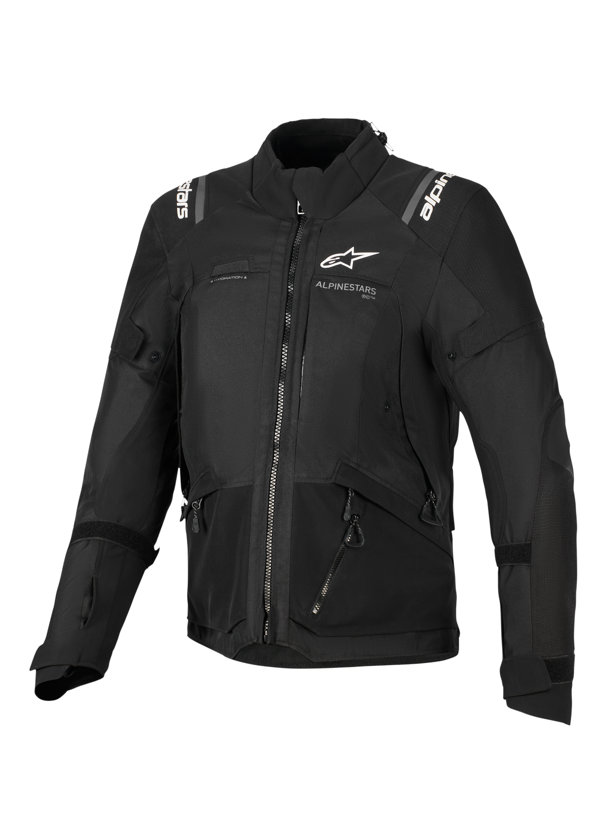 Chaqueta Alpinestars Stella Andes V4 Drystar®, chaqueta de moto para mujer, negra, vista frontal con logotipos blancos en el pecho y los hombros, diseño textil de paneles múltiples con cremalleras y detalles reflectantes, estilo adventure-touring